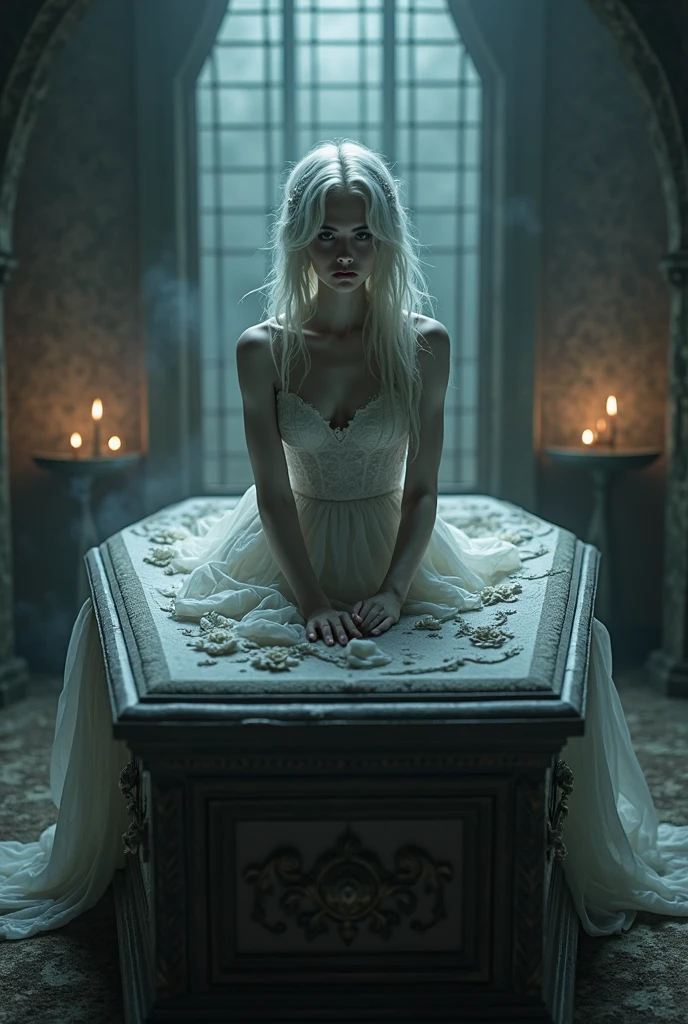 witch,  visage magnifique, yeux bleus, very pale, emaciated, folle, lying in a coffin