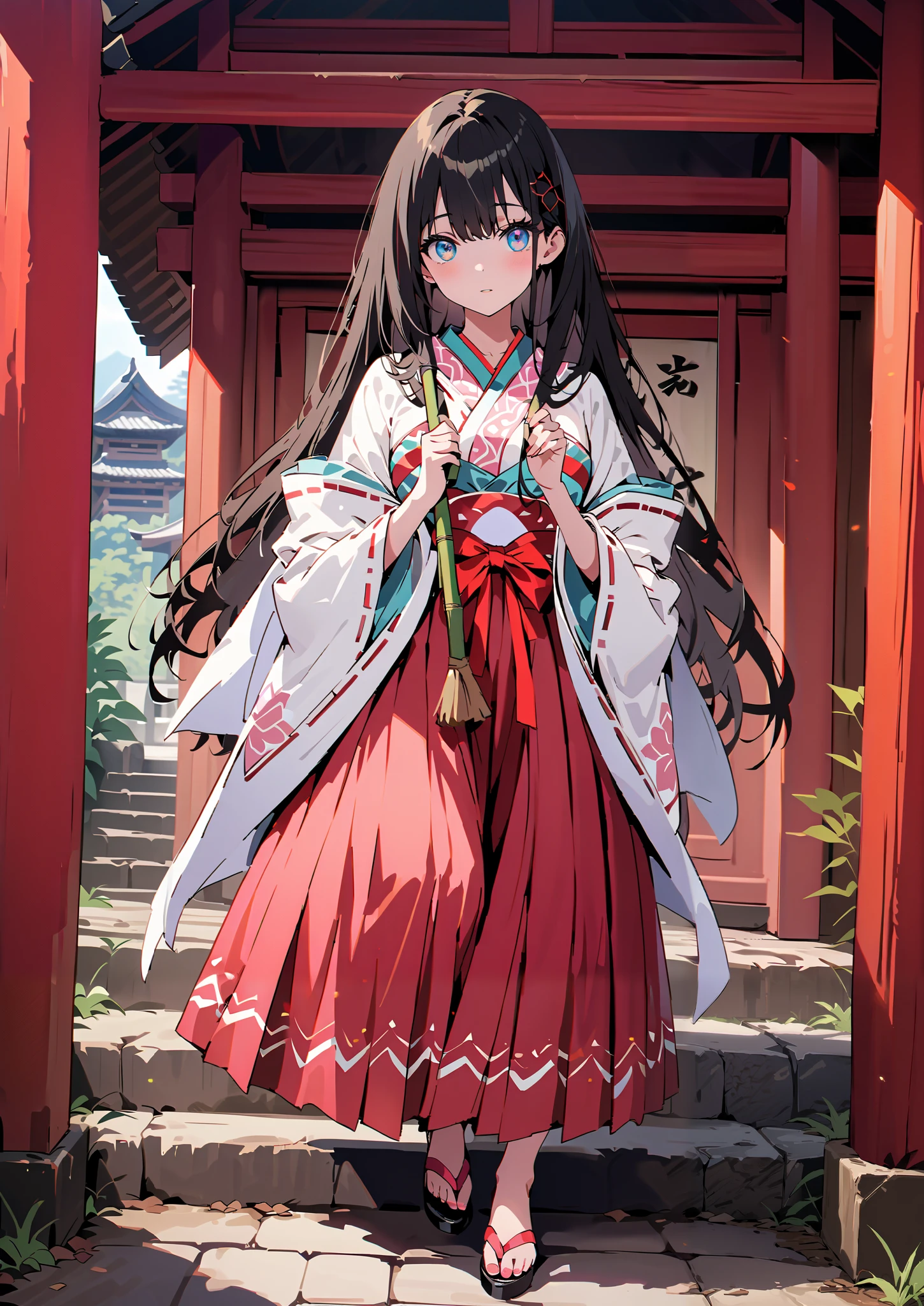 It's because of Rikkata, black hair, blue eyes,semi-long hair, Orange Scrunch , scrunchie , List Scrunch, shrine maiden costume, white kimono ,Red Hakama,I'm cleaning the stairs with a bamboo broom with both hands,noon,full bodyがイラストに入るように, break outdoors, shrine,
break looking at viewer,full body,
break (masterpiece:1.2),Highest quality , kampala, Unity 8K Wallpaper ,(shape:0.8),( fine, beautiful eyes :1.6),It's a person ,full body写真,CG Details , (perfect hands, complete anatomy),