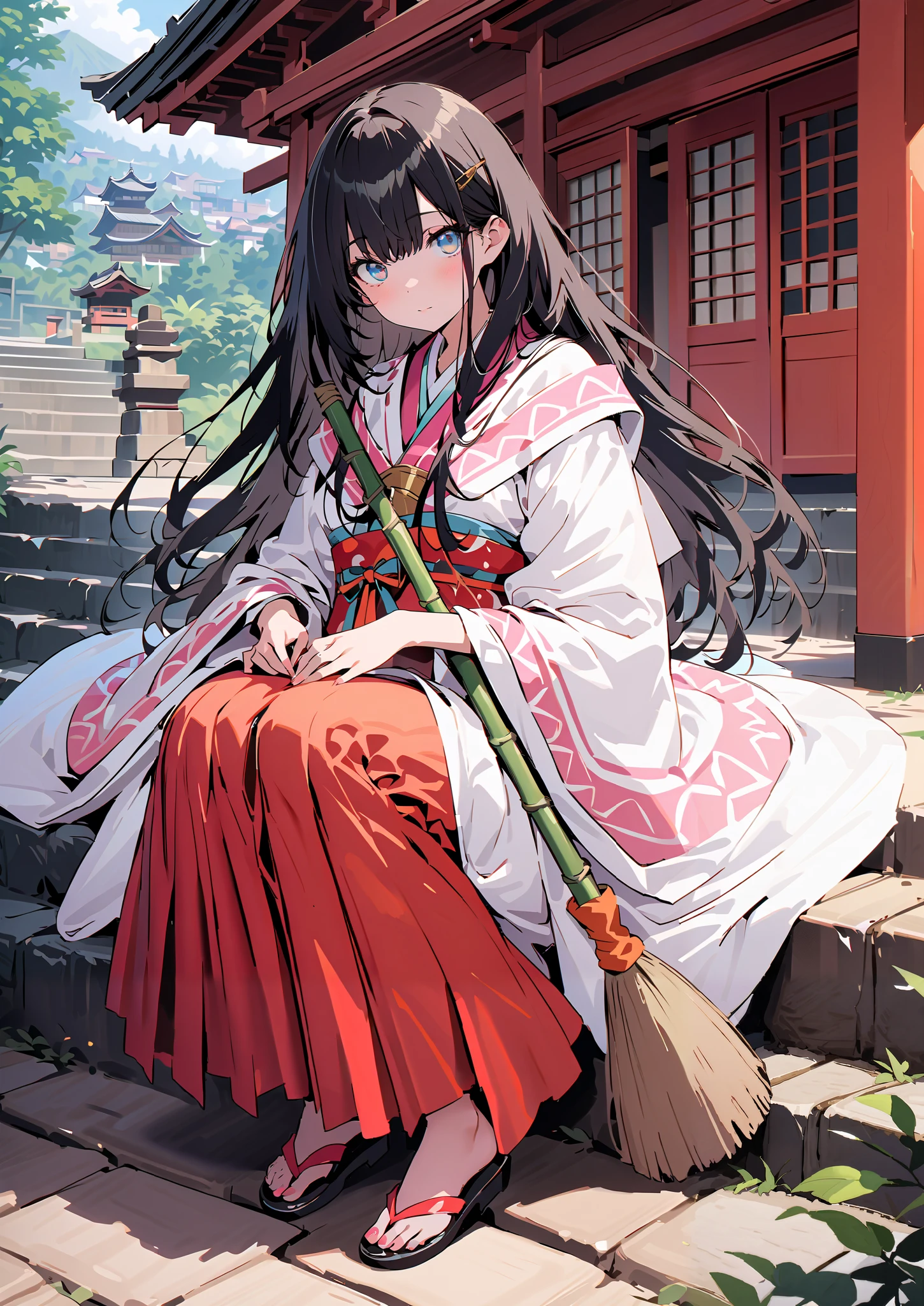 It's because of Rikkata, black hair, blue eyes,semi-long hair, Orange Scrunch , scrunchie , List Scrunch, shrine maiden costume, white kimono ,Red Hakama,I'm cleaning the stairs with a bamboo broom with both hands,noon,full bodyがイラストに入るように, break outdoors, shrine,
break looking at viewer,full body,
break (masterpiece:1.2),Highest quality , kampala, Unity 8K Wallpaper ,(shape:0.8),( fine, beautiful eyes :1.6),It's a person ,full body写真,CG Details , (perfect hands, complete anatomy),