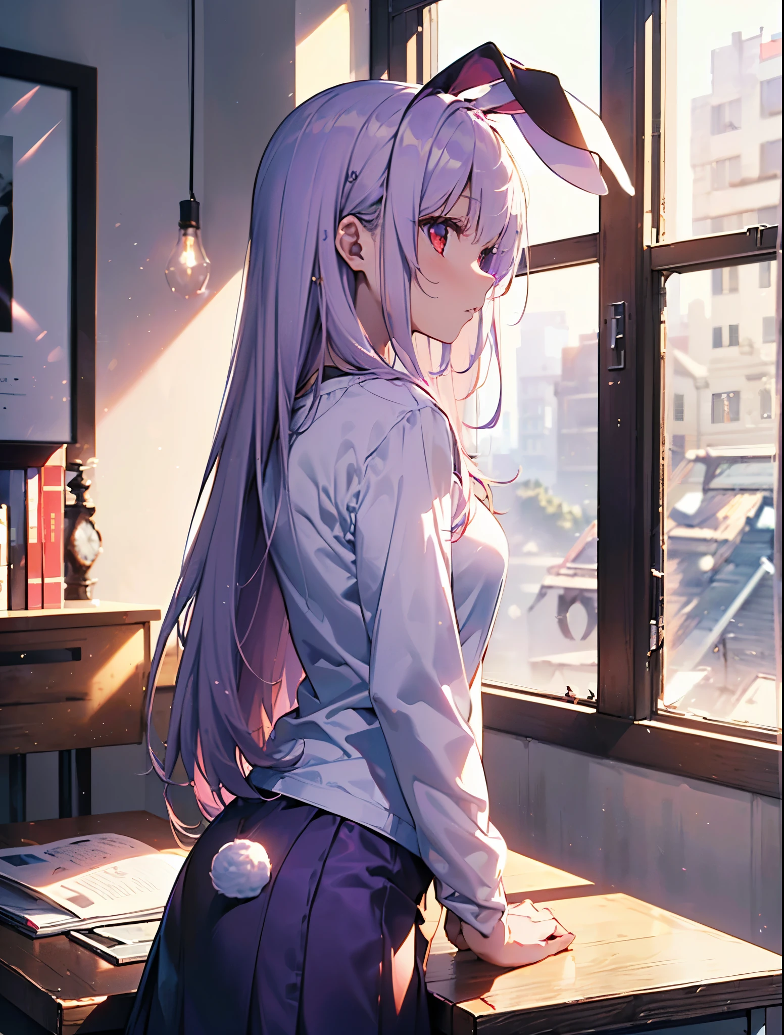 best qualtiy, tmasterpiece, 超高分辨率, realisticlying, 1 girl, long white hair,Heterochromic pupils,see through shirt,(slightly drunken expression),(Stick out your tongue),(winking)(M-legs)Bottoms purple stockings,Morning glow,wide angles