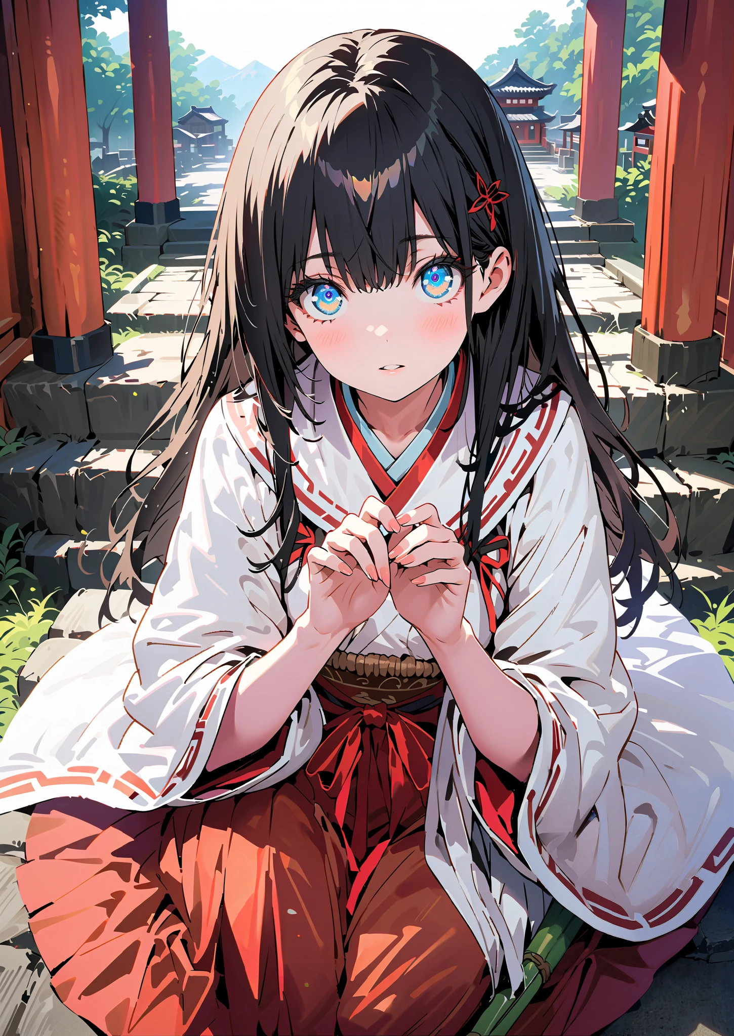 It's because of Rikkata, black hair, blue eyes,semi-long hair, Orange Scrunch , scrunchie , List Scrunch, shrine maiden costume, white kimono ,Red Hakama,I'm cleaning the stairs with a bamboo broom with both hands,noon,full bodyがillustrationsに入るように, break outdoors, shrine,
break looking at viewer,full body,
break (masterpiece:1.2), Highest quality, High Resolution, Unity 8K Wallpaper , (illustrations:0.8), (beautiful detailed eyes:1.6), Highly detailed faces, perfect lighting , extremely detailed CG, (perfect hand, perfect anatomy),
