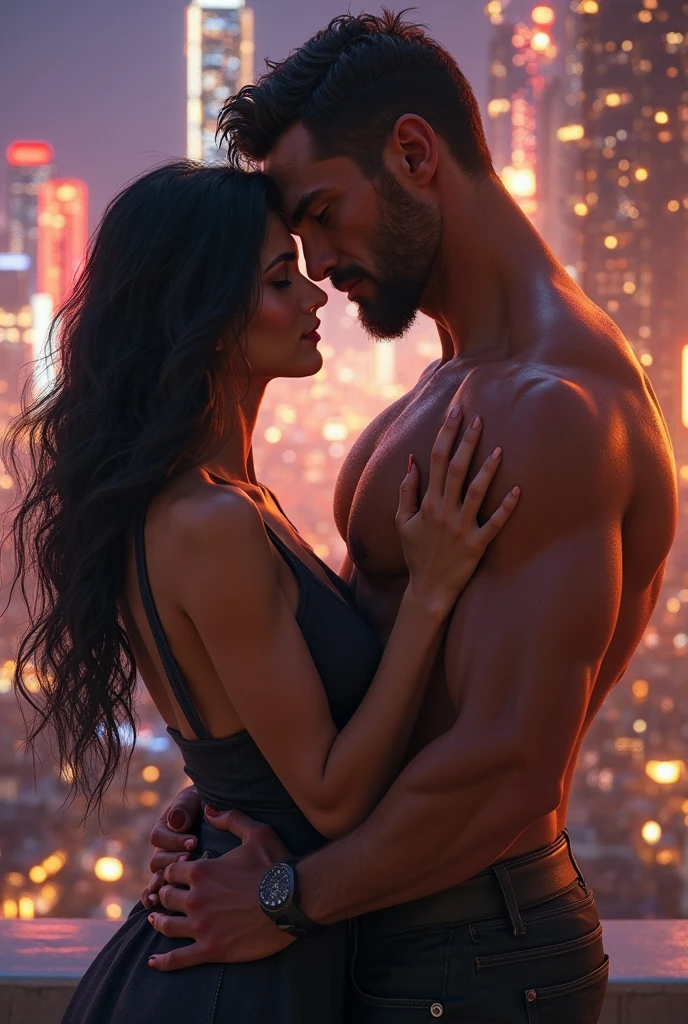 A big neon sign that says "Miguel ama a Michelle" and in front of the neon sign a male ogre with a beautiful black hair, dark skin, human, holding her, kissing each other