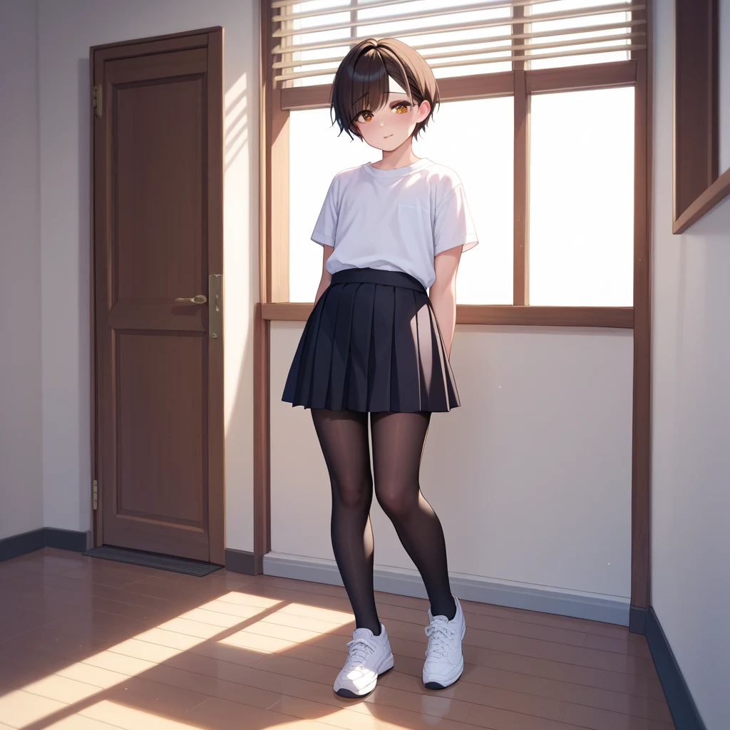 Barbershop Gray floor Brown wooden sofa Young girl with coiled hair White blouse Black skirt Little boy