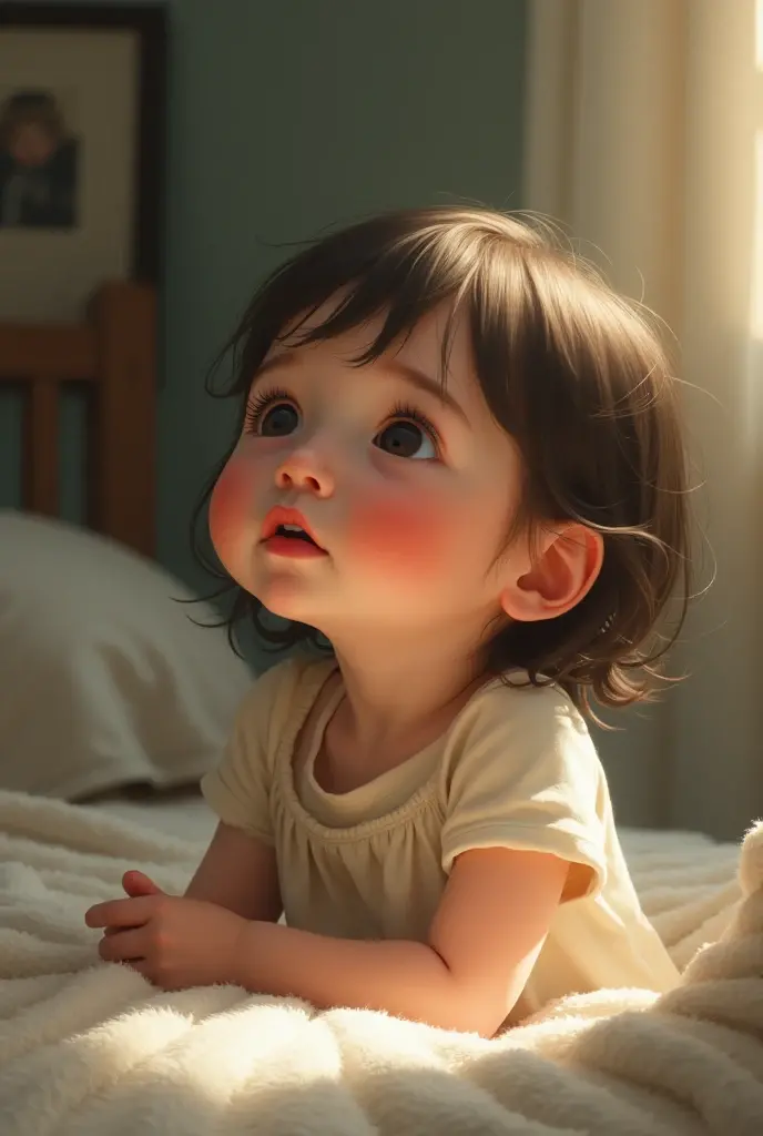 little baby girl saying that "mommy I miss you."