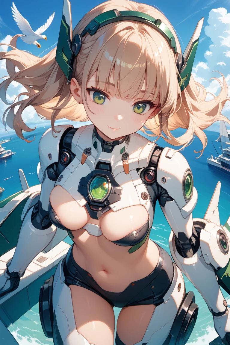 (Highest quality),Smiling girl in a revealing see-through mechanical micro bikini in yellow and orange with shiny wet skin,Gal-like ponytail,Fully transparent glass texture micro bikini armor,水色ライトの透明なMechanical Armor,(Highest quality),(8k),Mechanical Armor,Show all,(Thinly visible genitals),Accentuated breasts,Mechanical firearms equipment,Eyebrows rise,Bullish expression,Blonde,Don't blush,Laugh with your mouth closed,Standing on a white floor,White background,(Show the whole body),View your viewers