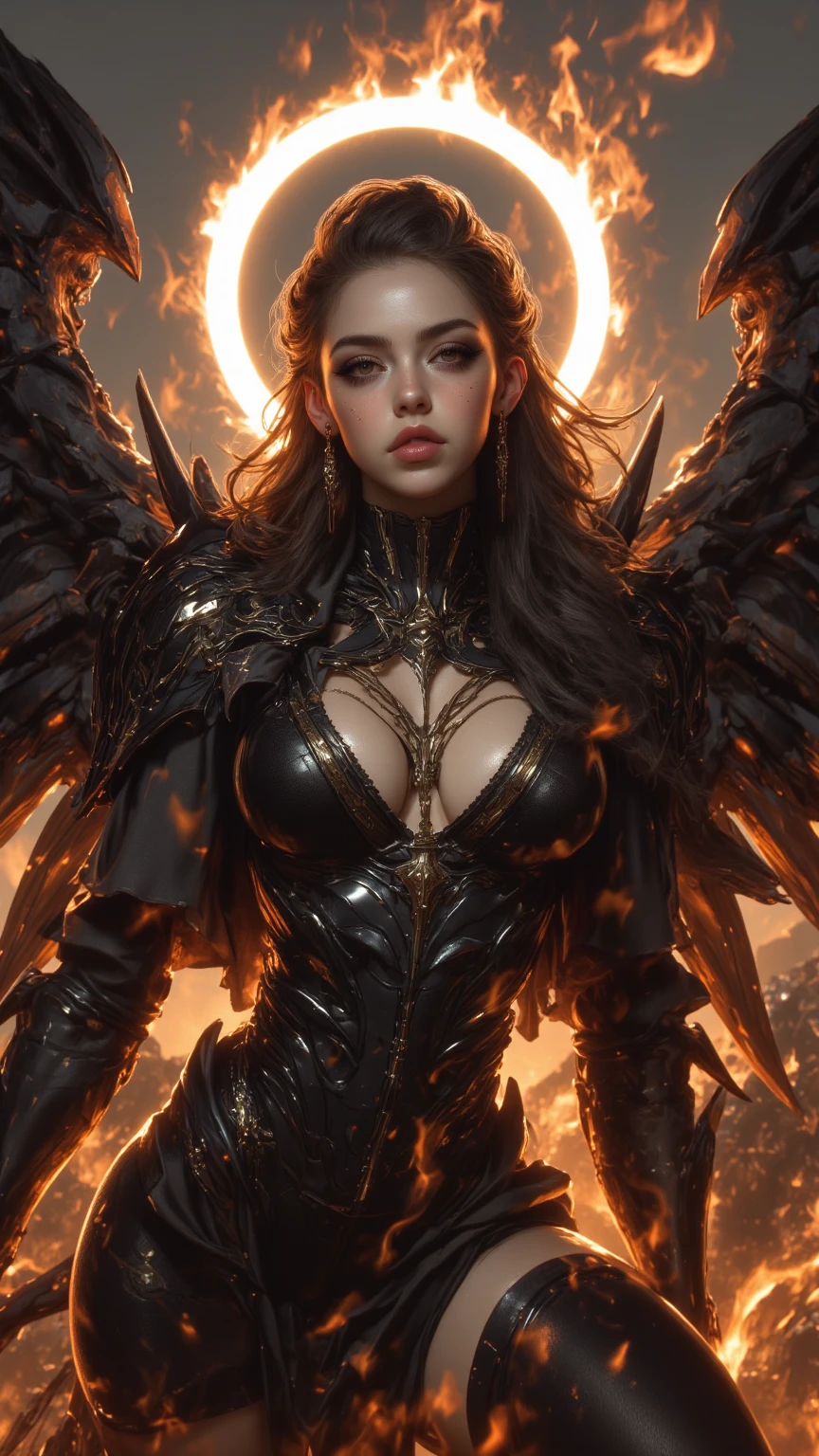 Lilith's descent with her black wings, face sharp as from a photo of high resolution (detailed face), full body, (whole body), with an aura of fire. Exclusive style of D14bl0, extremely detailed and high quality, 8k, cinematic, no serration, strokes and a famous artist, no blurred image, very well done strokes, no deformation in the eyes, mouth and nose, all drawn perfectly, leonardo da vinci style.