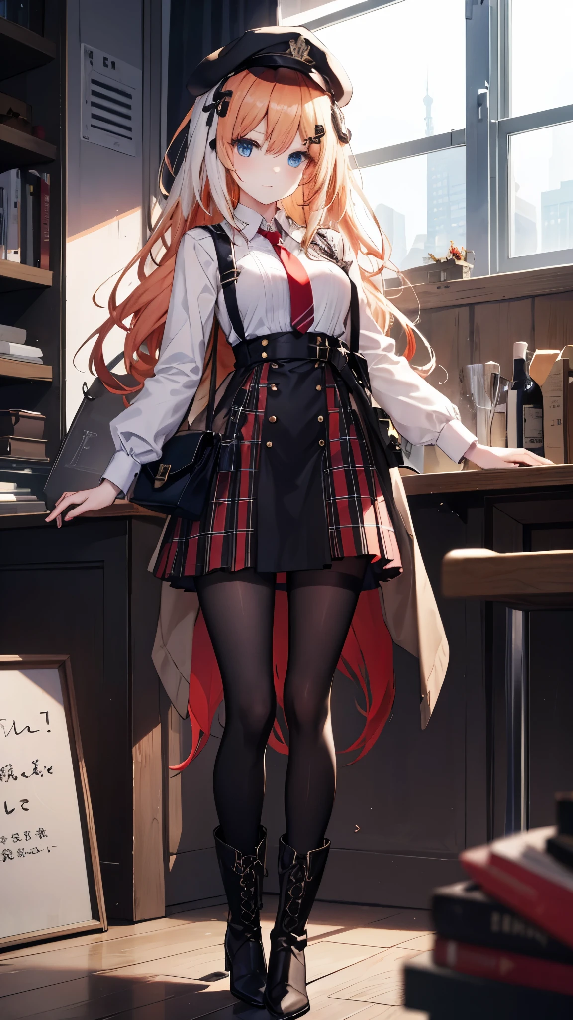 One with long red hair, she wears a short plaid skirt and high boots。Wearing a white shirt and boots with red stripes，The overall style looks very stylish and vibrant。 her hair is long ，Also decorated with a hairpin。black pantyhose
