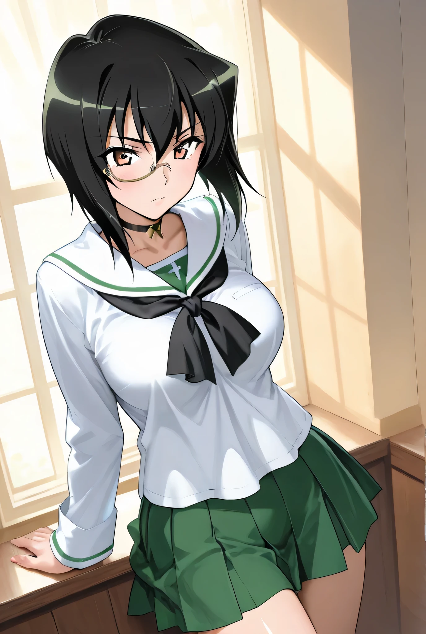 kawashima momo,monocle,ooarai school uniform,1girl,solo,