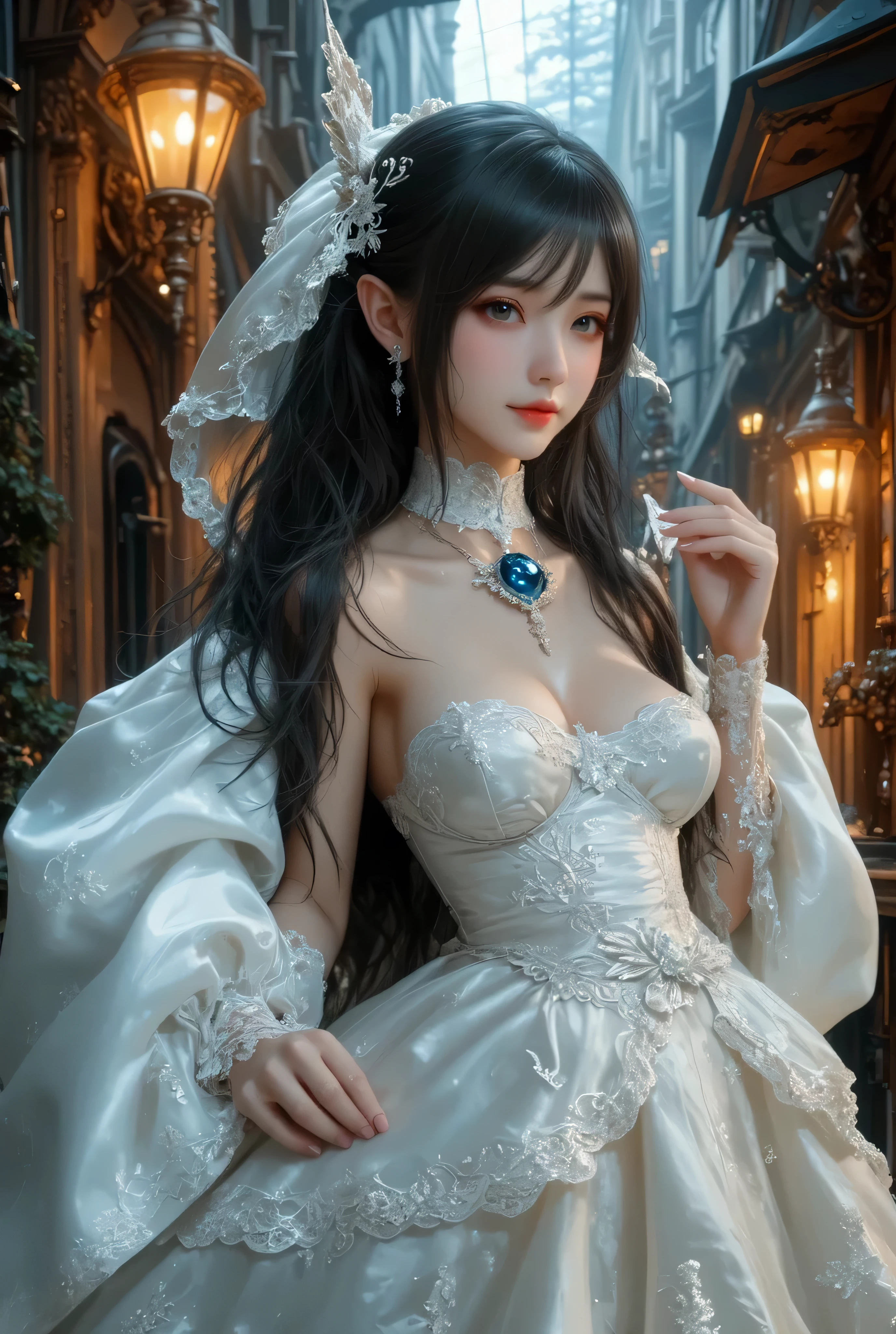 A beautiful young princess with black hair and blue eyes., she is wearing her beautiful long white dress