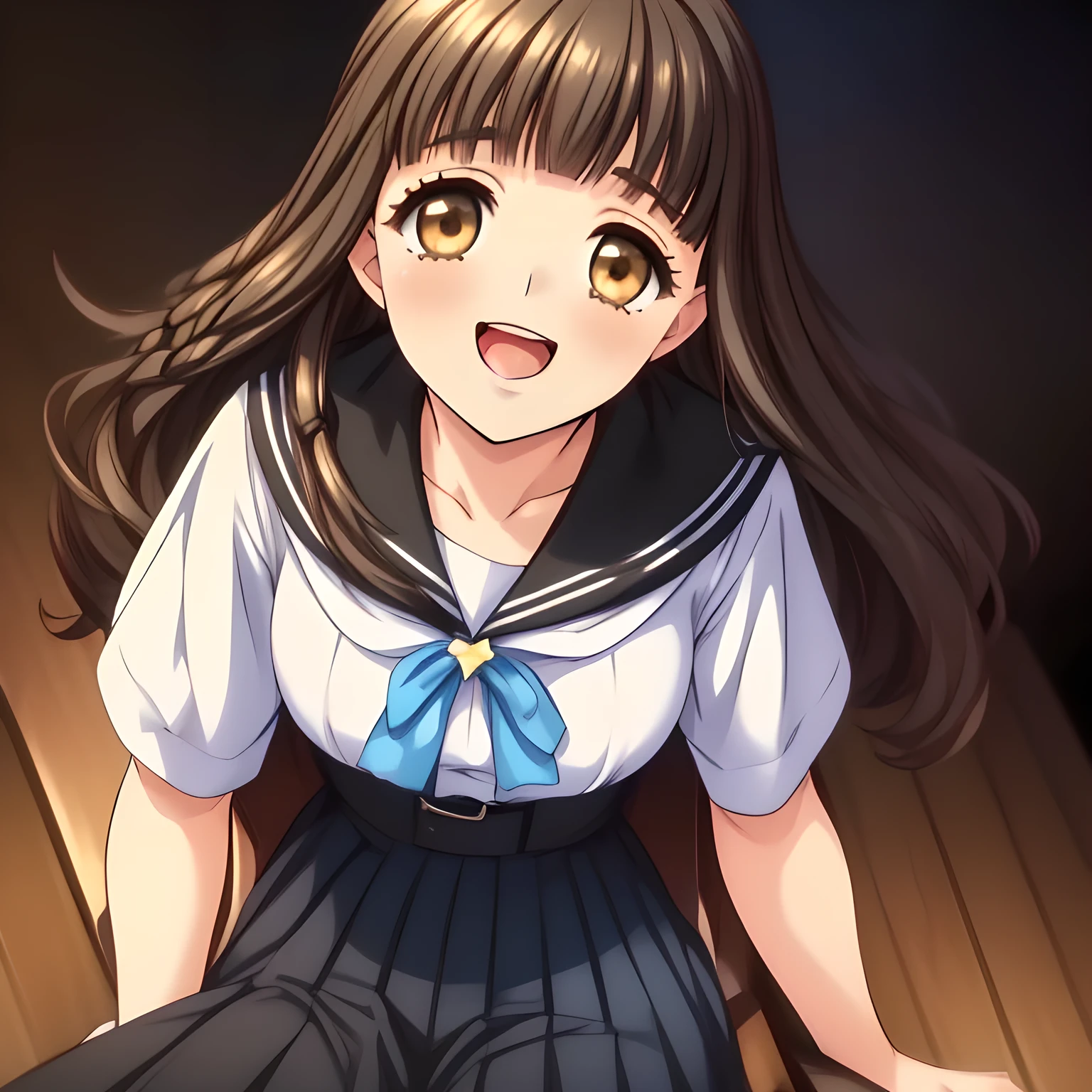 (highest quality, masterpiece:1.2), highest quality, High resolution, 1080p, 8K, solo, (A yo beautiful pretty fashion model succubus is seated on a wooden chair nobly and turning to me, ((laughing at me)), (looking down on me), most beloved girl in the school, (intelligent and perfectly balanced slender style), feeling too funny, amazingly neat & clean, in peace and neat lovely strong charm, cutely tilted head: 1.8), (Too noble beautiful lady like a love-story comic heroine), (laughing like watching a comedy), ((The beautiful long lewd tongue come out of the mouth and touch the fingers)), (beautiful tongue with doodle), A very lovely, very noble, pretty and pure beautiful girls. ((Bursting out Laughing very elegantly)), ((white grown face)), Using expensive whitening cosmetics by cosmetics artist: 1.2), A white face that everyone loves, Glossy lips, (curled) bangs, (Too beautiful blue fascinating shiny (double-lidded) (brown eyes) with love to the viewer, ((deep upper girly eyelid)), laughing with detailed clearly: 1.5), ((amazingly beautiful straight (slightly wavy) long black light hair: 1.5)), ((Sailor-style winter school uniform), (Neat smart blouse)): 1.8), (A very neat, (pleated plain blue skirt with thin fabric belt): 1.2), (too pretty shiny light-yellow realistic school ribbon): 1.5), (Shiny game heroine lips, extremely laughing open mouth: 1.0), (Ribbon in (black hair), long thin braids, The ribbon is big and very pretty), (Tight waist, slender like a beautiful fashion model: 1.5), (The background is (plain black space with lovely heart stars) to emphasize her fascination: 1.8), (The lady knows well about the viewer's super fetishism for sailor-style uniforms, and satisfies it completely in the viewer's lewd dream: 1.7)