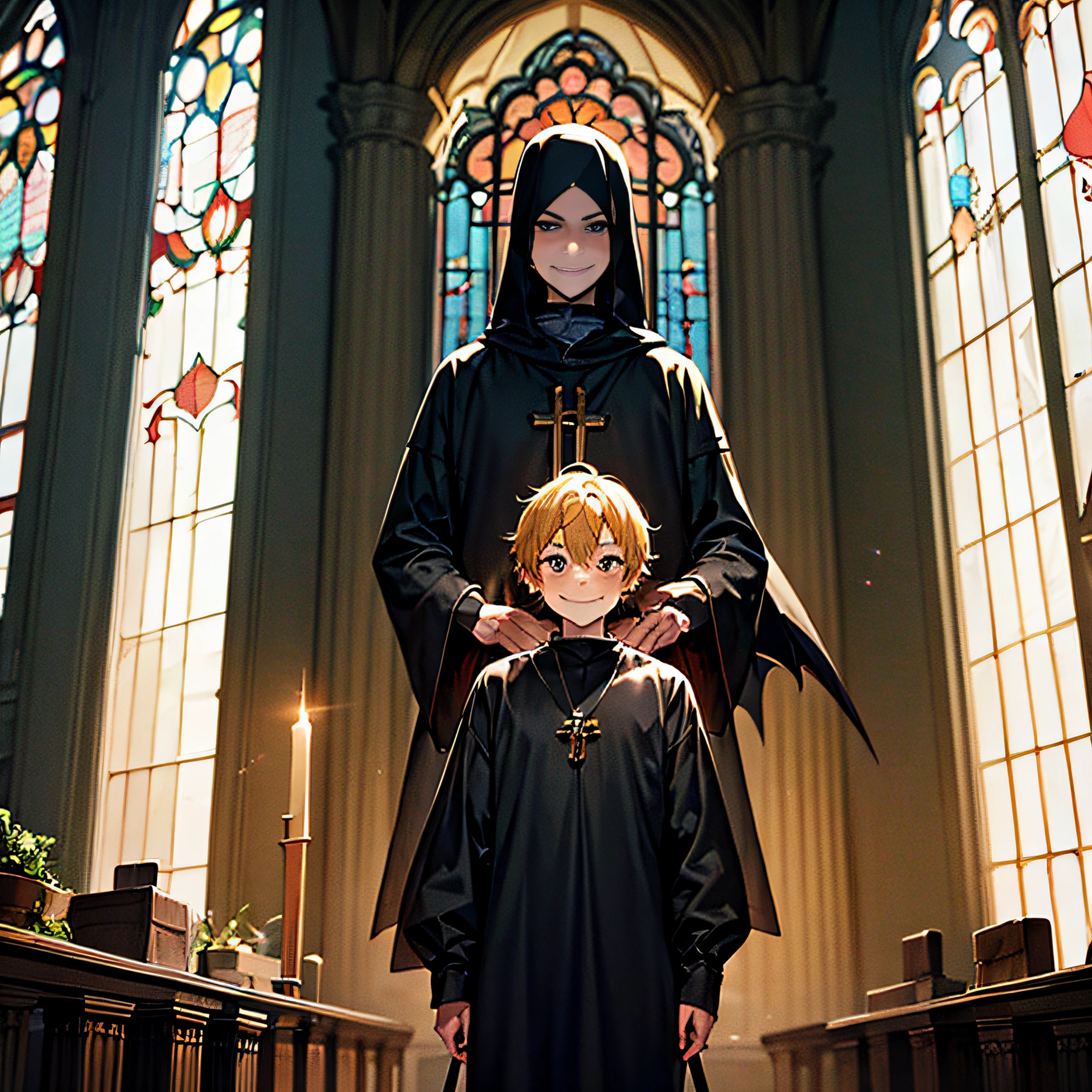 dark room , priest , cleric , boy , black garb , cultist leader , dark crown , death cross, menacing smile , demon sword , angle statue in the back , church , dark cultist , god statue