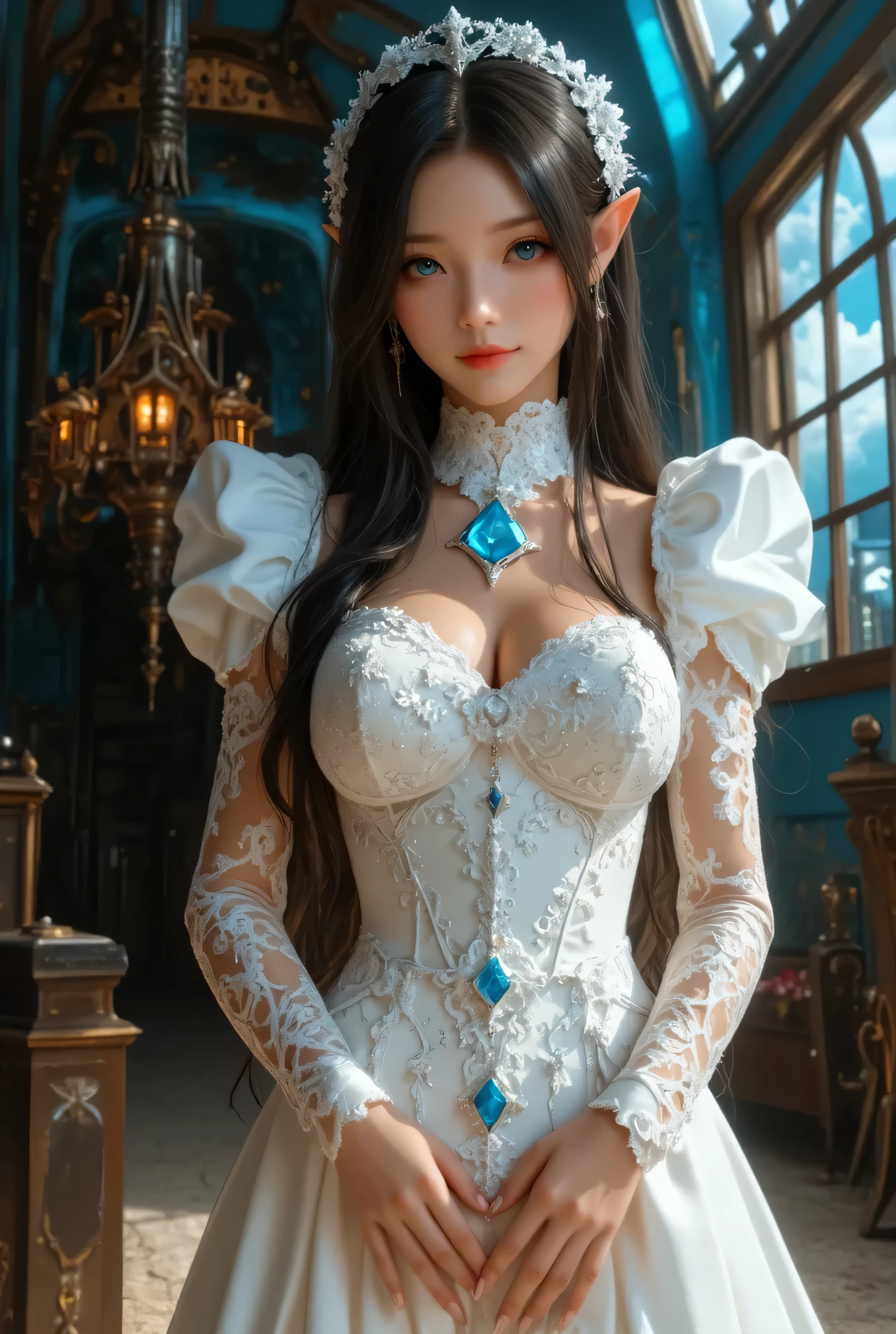 best quality , Super quality, 16k, Unbelievably Absurd, very detailed, lovely photo, delicate and dynamic, Kiri Reina female, seductive smile, pure white wedding dress , great style , bouquet, steampunk, DIESEL PUNK , clock punk , cyberpunk, Glitter effect, shining jewelry, shining big beautiful blue gem at necklace, red cheek, black hair, cinematic lights, shining lights at her dress,