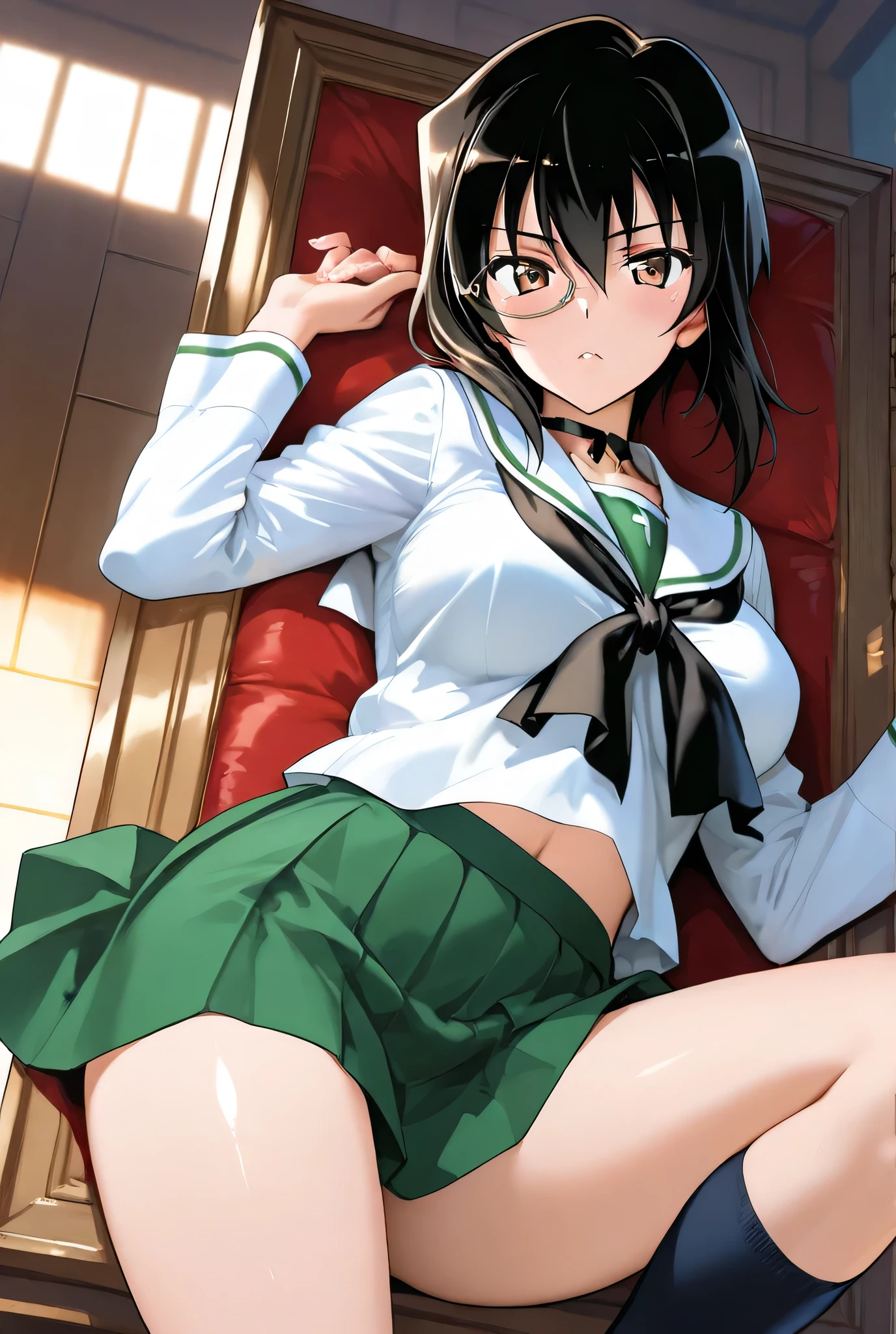 kawashima momo,monocle,ooarai school uniform,1girl,solo,