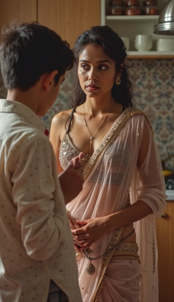 Curvy south indian actress (((Anu sithara))) saree blouse kissing a young boy 