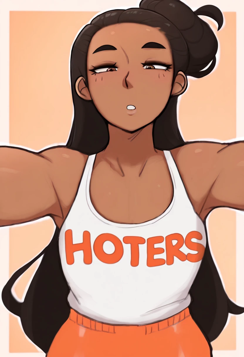 Sexy woman, black hair, single braid, seductive eyes, intense gaze, mouth parted, deep blush, flustered, beautiful face, amazing makeup, off shoulder t shirt