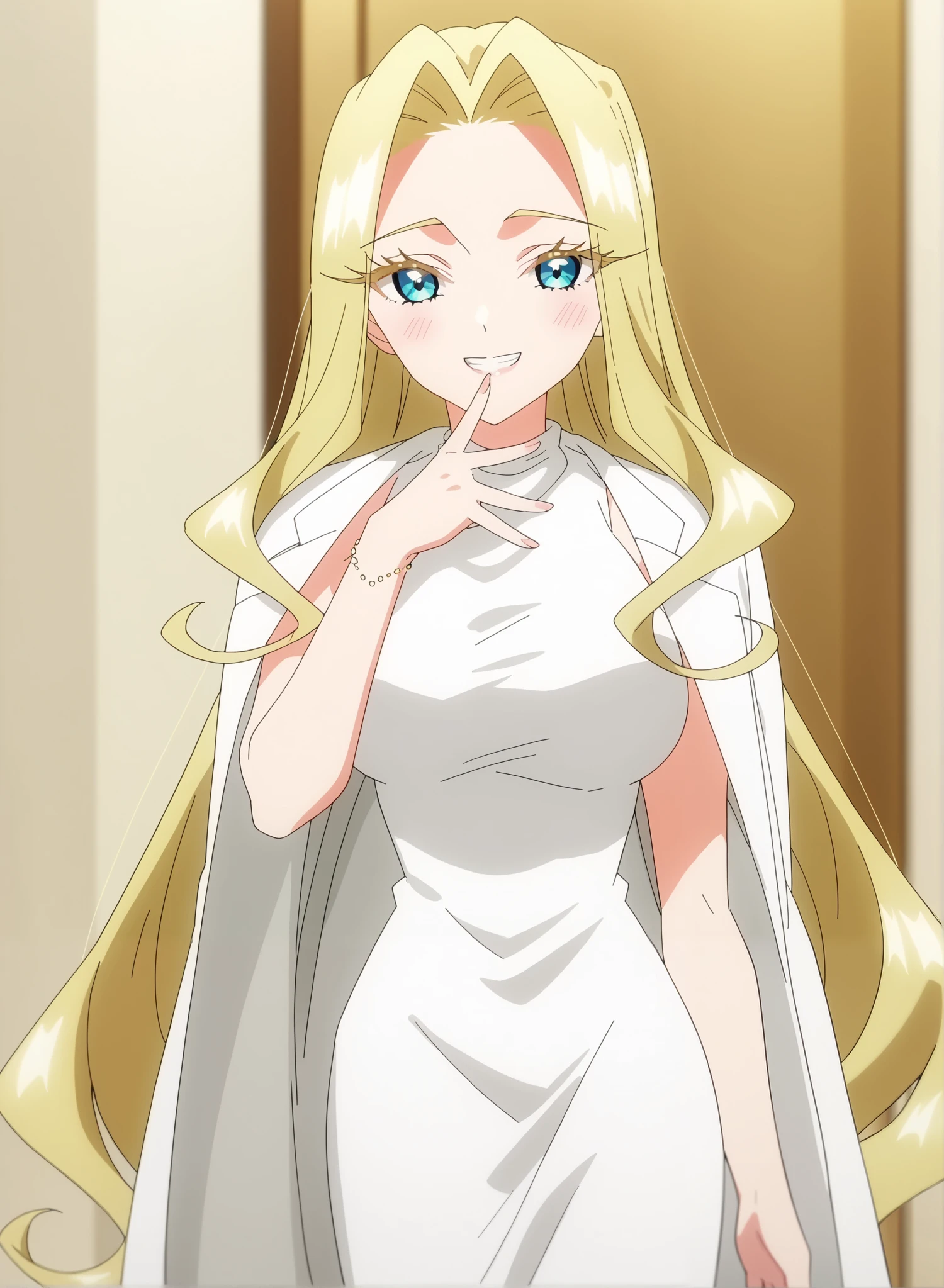 score_9, score_8_up, score_7_up, source_anime, mimimi utsukushisugi, long hair, bangs, blue eyes, blonde hair, very long hair, parted bangs, hair intakes, colored eyelashes, breasts, anime screencap, dress, jacket, sleeveless, white dress, sleeveless dress, white jacket, jacket on shoulders,,cute pose, hand to own mouth,wide smile, closed teeth, happy,, showing teeth,,looking at viewer, solo,cowboy shot, solo