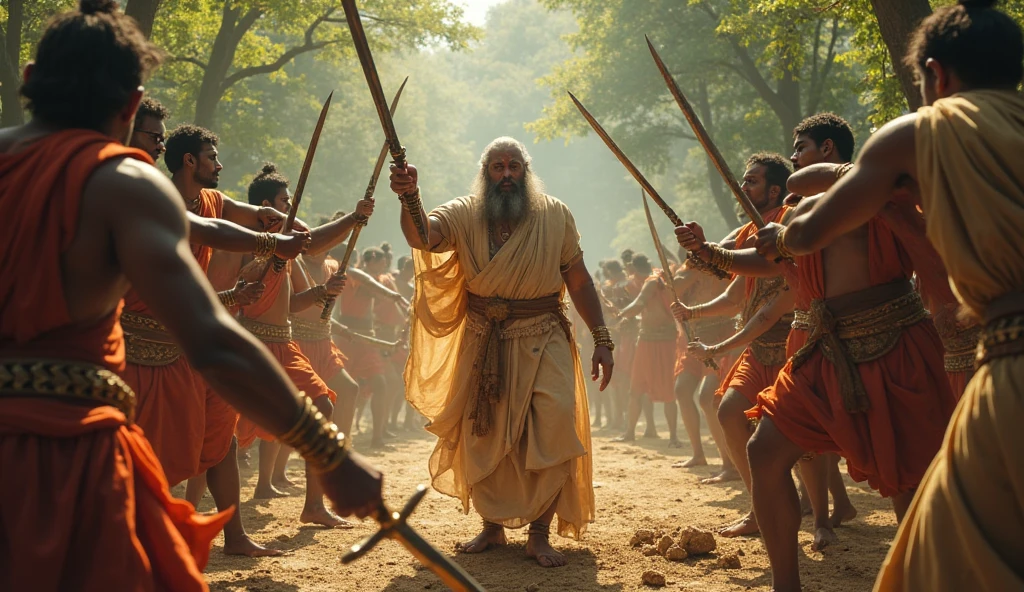 In Cinematic 3D style"Elderly villagers training Arjun in combat, with wooden swords and shield'