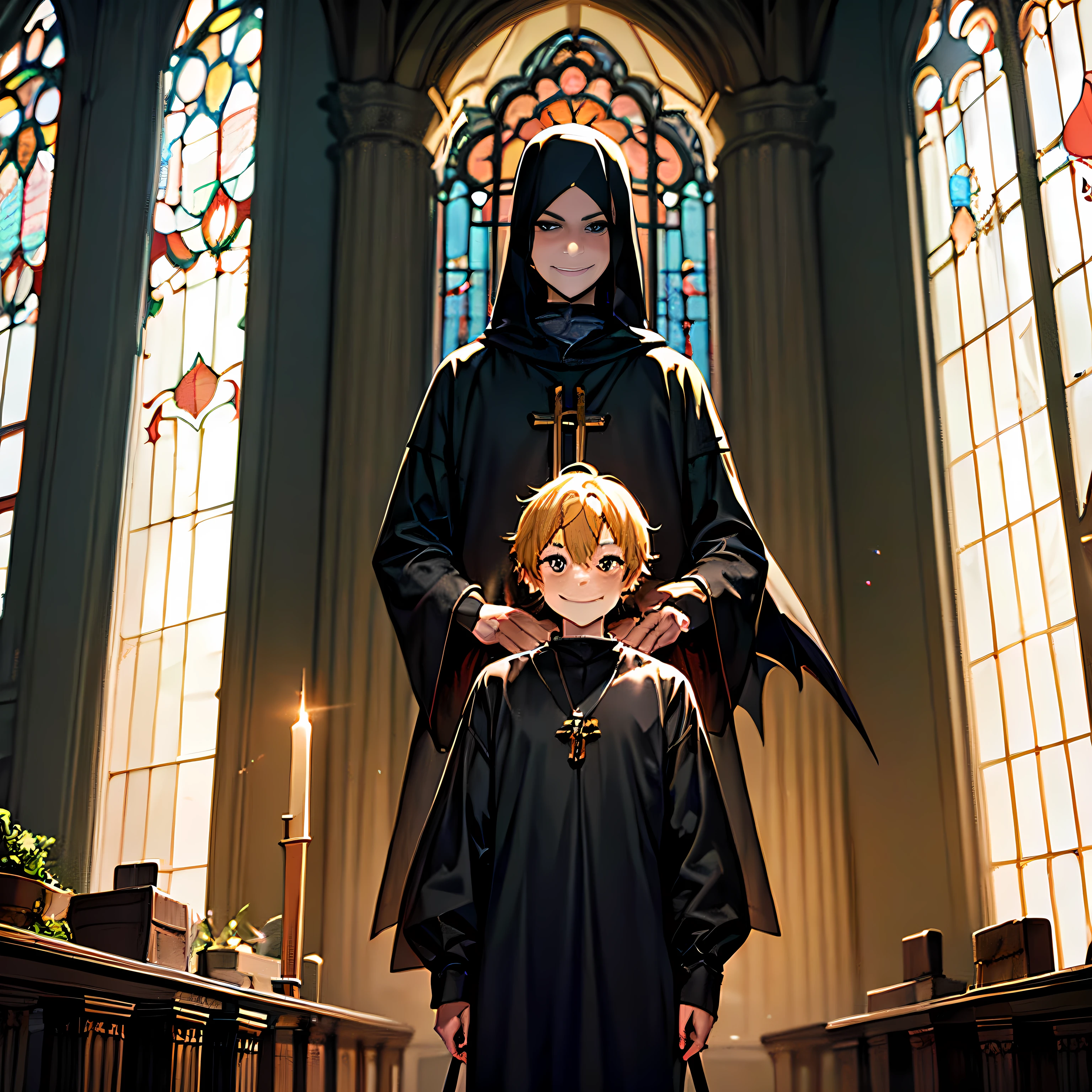 dark room , priest , cleric , boy , black garb , cultist leader , dark crown , death cross, menacing smile , demon sword , angle statue in the back , church , dark cultist , god statue
