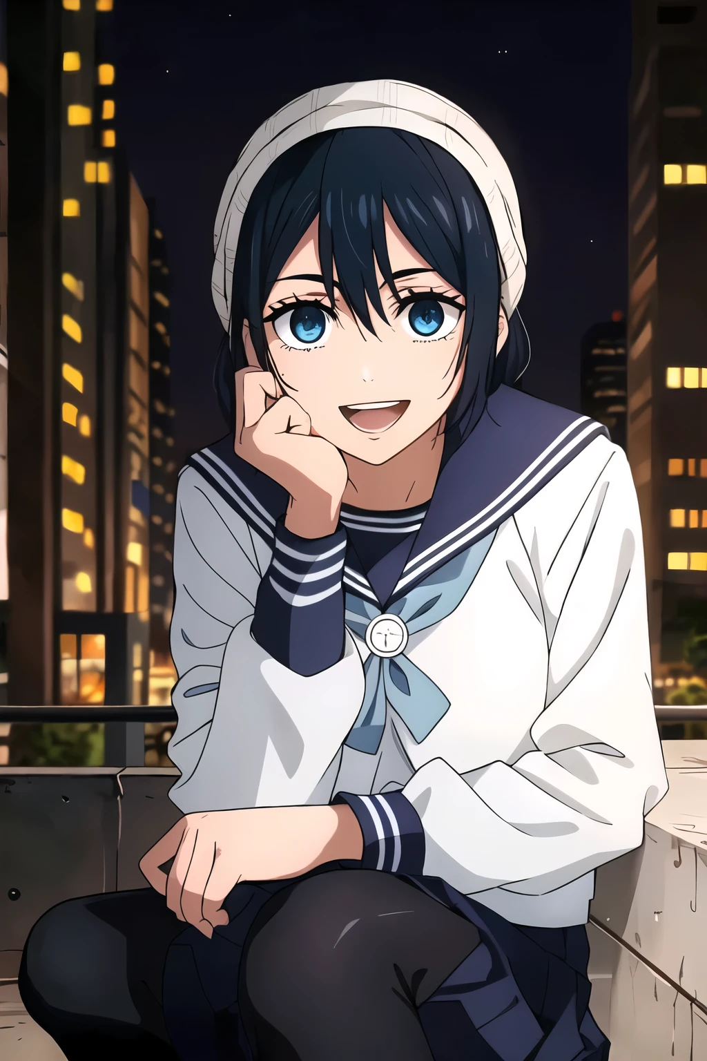 (masterpiece, best quality, ultra-detailed, highly detailed face, beautiful eyes, best illustration, professional artwork, anime-style, vibrant colors, absurdres, high-resolution, 4K), 1girl, solo, (blue eyes:1.2), (deep blue hair:1.2), short hair, bangs, slightly messy hair, hair strands, headband, (white headband:1.2), (sailor uniform:1.3), (white and blue sailor suit), (school uniform), (blue ribbon:1.2), (cross-shaped accessory on ribbon), long sleeves, slightly loose uniform, cuffs with blue stripes, (black pantyhose:1.2), smooth legs, cheerful expression, smiling, (bright eyes), hand on cheek, resting chin on hand, relaxed pose, sitting on ledge, casual posture, (cityscape at night:1.2), blurred city background, (night view, warm lights), (soft lighting, atmospheric perspective), slightly wet surface