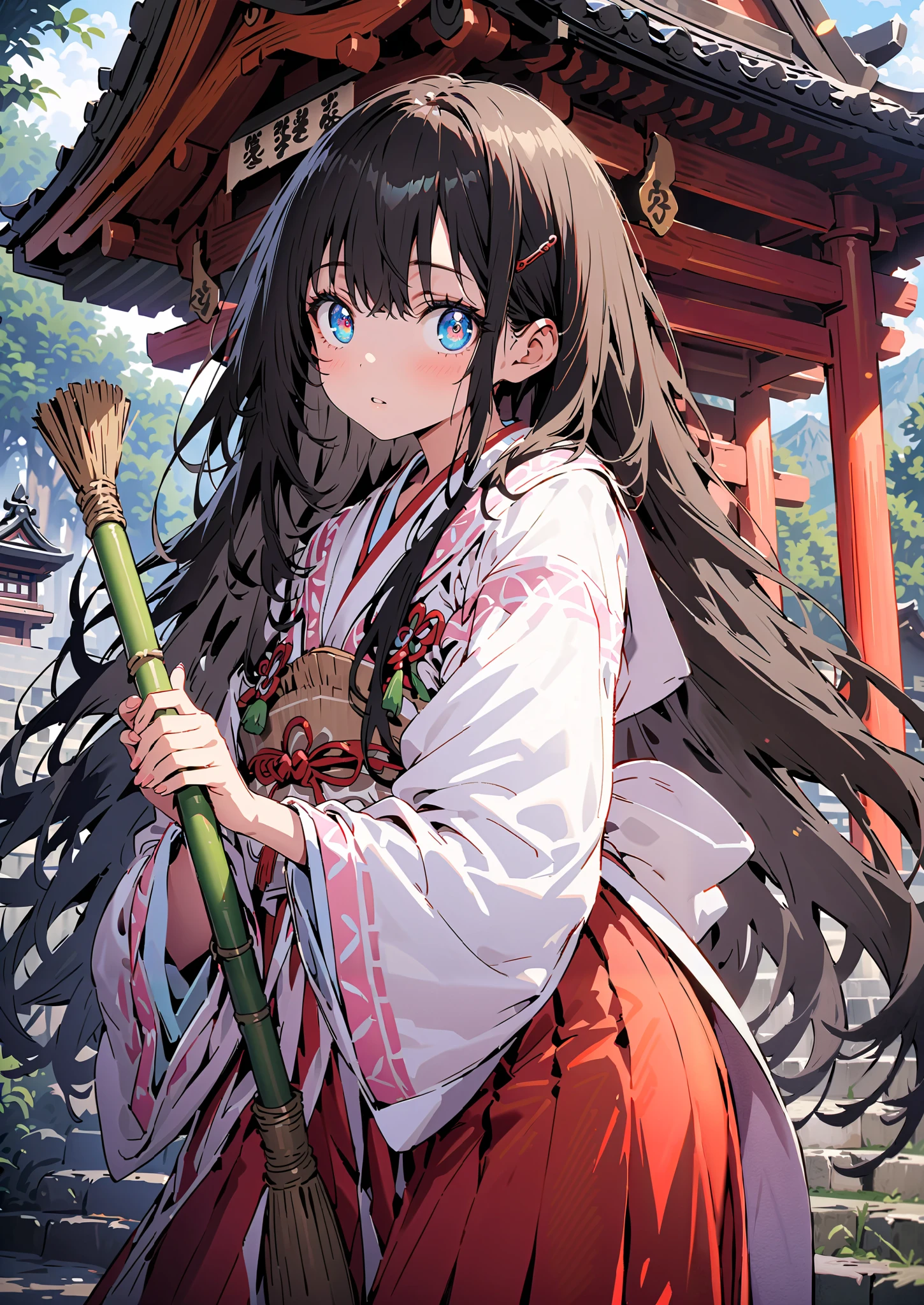 It's because of Rikkata,   black hair,  blue eyes,semi-long hair,  Orange Scrunch , scrunchie , List Scrunch, shrine maiden costume, white kimono ,Red Hakama,I'm cleaning the stairs with a bamboo broom with both hands,noon,full bodyがillustrationsに入るように,                                               break outdoors, shrine,
break looking at viewer,full body,
break (masterpiece:1.2), Highest quality, High Resolution,  Unity 8K Wallpaper , (illustrations:0.8), (beautiful detailed eyes:1.6), Highly detailed faces,   perfect lighting , extremely detailed CG, (perfect hand, perfect anatomy),