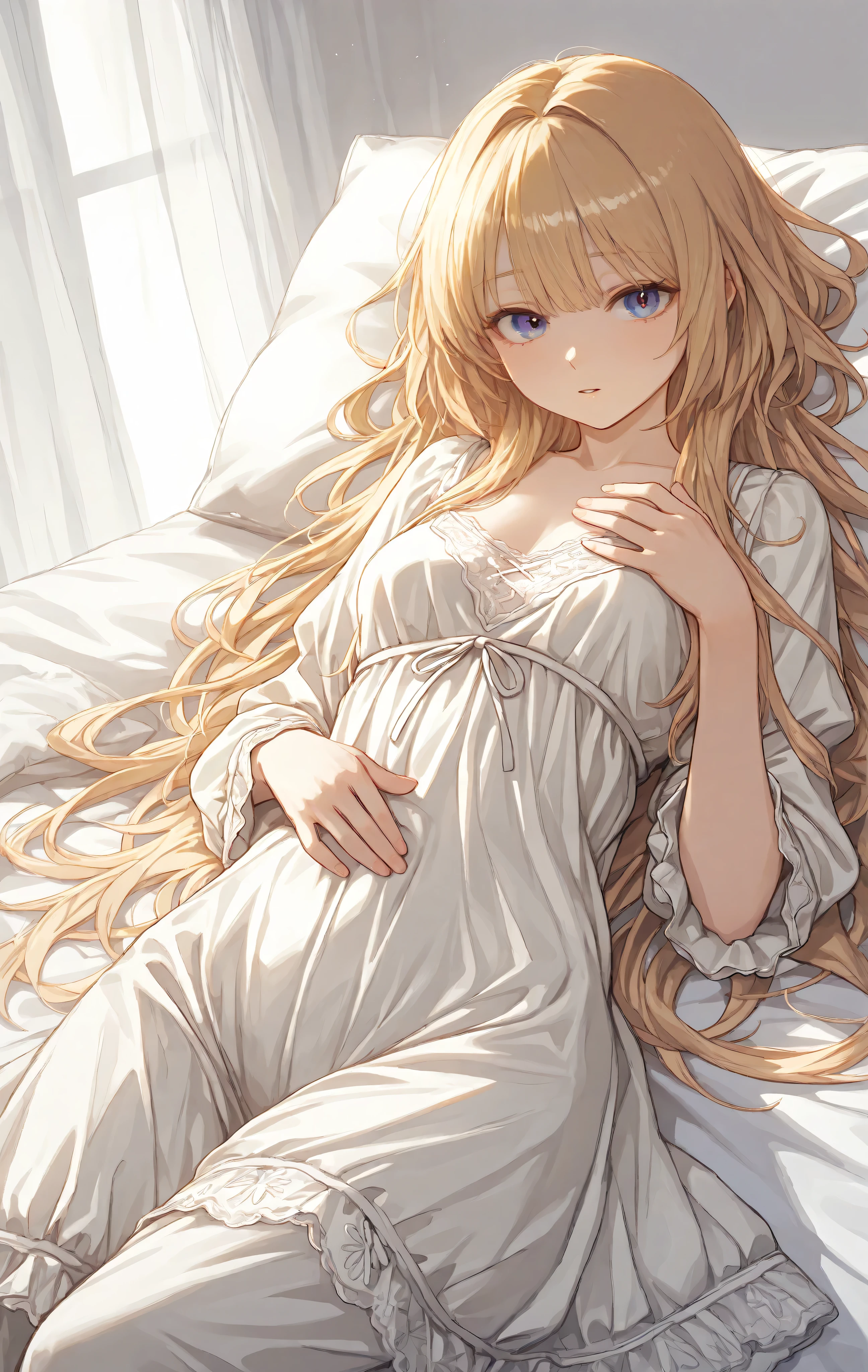 **"A high-resolution (8K) hyper-detailed digital illustration of a stunning blonde girl lying on a bed, wearing a delicate pajama set. Her long, slightly tousled golden hair cascades naturally, each strand meticulously rendered to capture texture and depth. Her striking violet eyes are rich in color and detail, reflecting a soft, intimate glow. Her facial expression is subtle yet captivating, conveying a sense of serene beauty.
The lighting is warm and atmospheric, with gentle ambient illumination creating soft shadows and highlights that enhance the realism of her smooth, well-shaded skin. The fabric of her pajamas is finely textured, draping naturally over her body, adding to the authenticity of the scene. The background is artistically composed, featuring elegant feminine details such as delicate lace curtains, soft decorative pillows, or a gentle bloom of flowers nearby, enhancing the artwork’s aesthetic and emotional depth. The overall style is refined and cinematic, blending realism with a dreamlike artistic quality."** (Wrm)