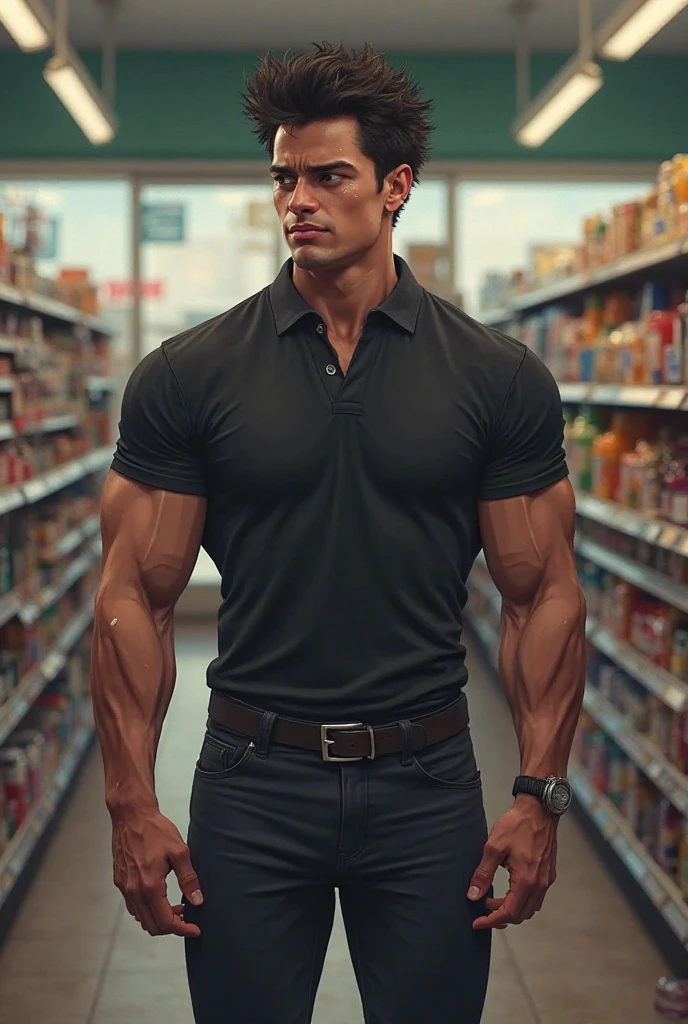 Bakugou Katsuki in white sleeveless open shirt and black trousers with some wristbands and a wrist watch walking on the street, looking around, evening scene, bustling market, upper body, drinking cola, bare chested, beige hiking shoes, full body