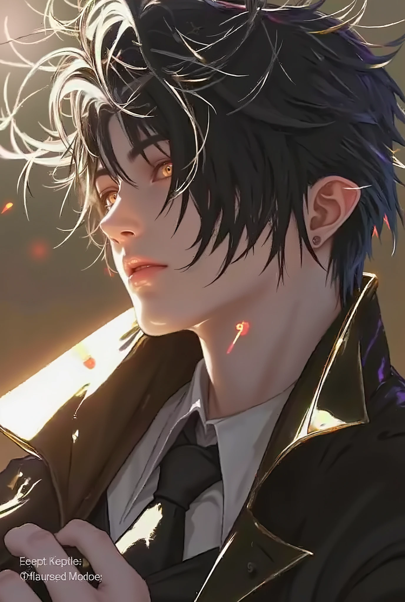 (masterpiece), (best quality), 1man, solo, male, middle part black hair, chiseled jawline, muscular, modern student, modern uniform, arrogant, confident, playful, unbothered, mighty, classroom background, forehead, majestic, aesthetic, ethereal, handsome, tall men, frown, amber eyes, stunning, detailed eyes, young adult face, magnificent background, (1men), detailed(light and shadow), light effects, cinematic camera angles, gentlemen, gentle, elegant men, elegant custom, sunset, sunlight, detailed light and shadow, cinematic scenery, (1person), (solo men), (short hair), young man, 18 years old, (exquisite art), rich, luxurious, vibrant colors with subtle gradients), (Expressive character designs), mid journey art