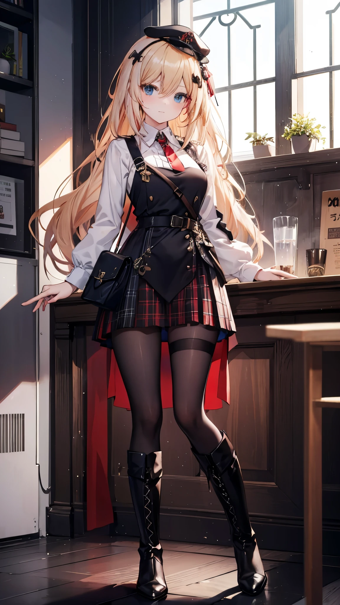One with long red hair, she wears a short plaid skirt and high boots。Wearing a white shirt and boots with red stripes,The overall style looks very stylish and vibrant。 her hair is long ,Also decorated with a hairpin。black pantyhose