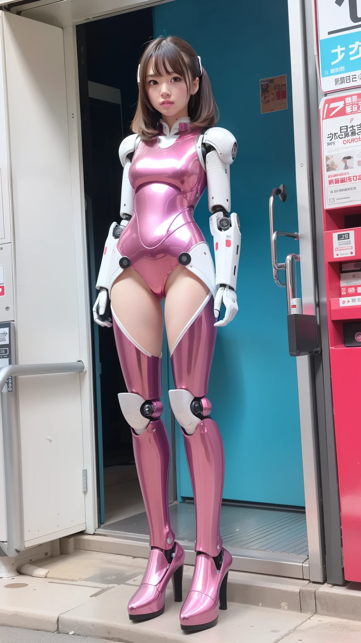 masterpiece, best quality, extremely detailed, (8K, 4K, Best Quality, Hight resolution, 超A high resolution:1.1), 8K portrait,1girl in, Japanese android girl, android teacher, control panels, android, Droid, Mechanical Hand, ,Robot arms and legs, Black hair, Mechanical body, Blunt bangs, Pink Robotics Parts, perfect robot woman, Charging spot, Long Tube, A thick cable was connected to her neck, ceramic body , android, robot humanoid, panty, full eyes, perfect mechanical body, pink robotics body, future assembly plant, Pink body, She has repaired, lack sponge joints, android assembly plant, android, laboratory, platform boots, perfect machine body, pink robot body
