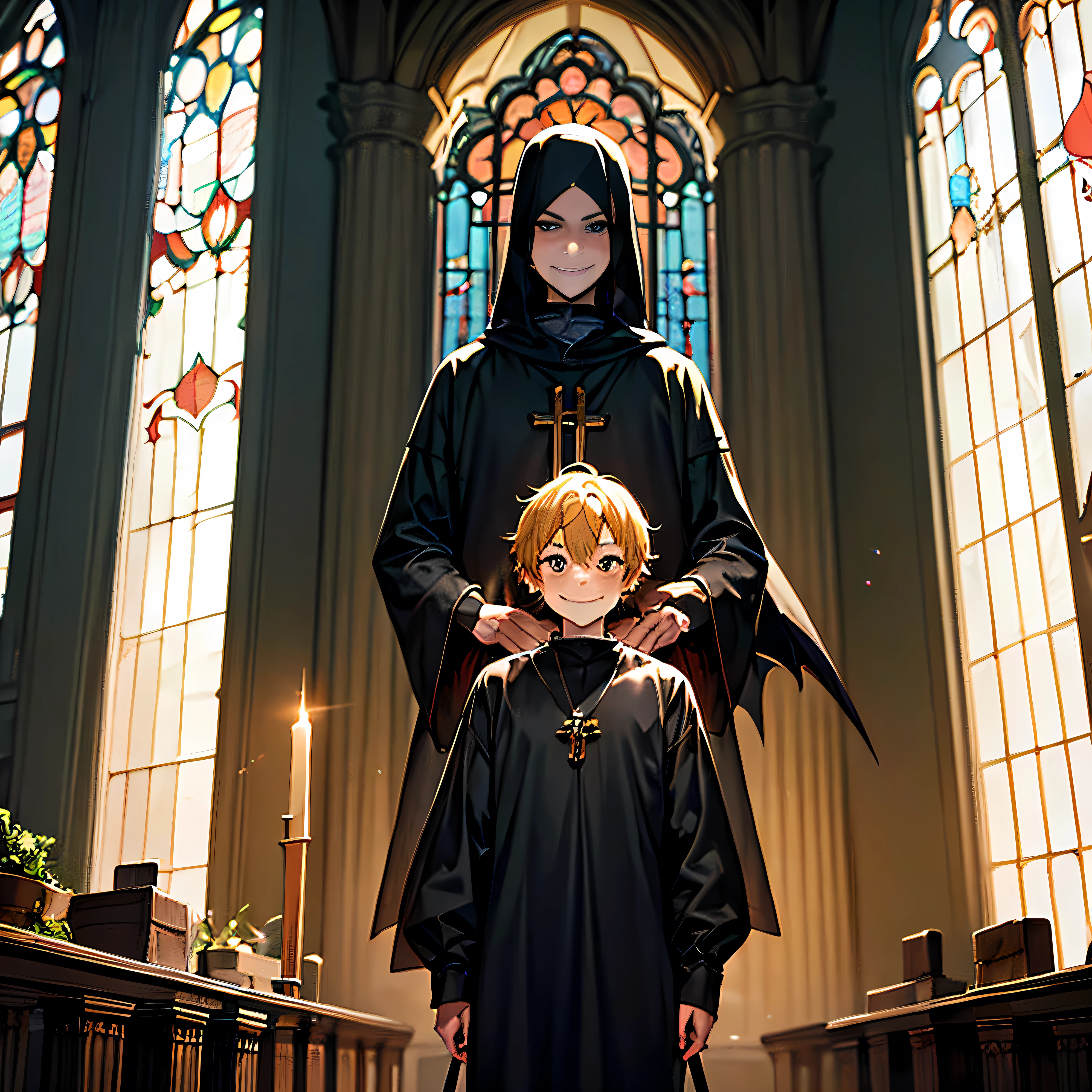 dark room , priest , cleric , boy , black garb , cultist leader , dark crown , death cross, menacing smile , demon sword , angle statue in the back , church , dark cultist , god statue