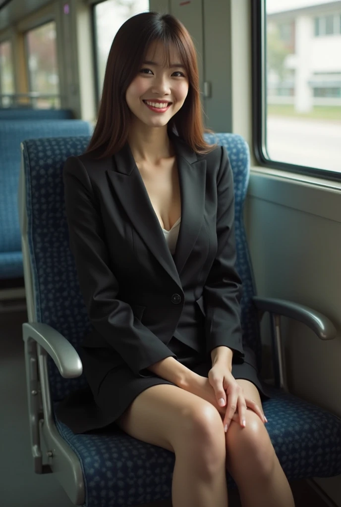 (sit in a train seat:1.5), (Photo taken from the opposite chair:1.5), (Sit with your knees facing forward:1.5), (evil grin:1.6), (Beautiful Japanese Woman:1.5), (Sit with your knees together:1.5), (short hair:1.3), (green seat), (White blouse:1.4), (Black Pencil Skirt:1.4), (High heels:1.7), (White lace panties:1.7), (View Photographer), ((Perfect hands and fingers)), (Looking into the camera:1.6), (A seductive gaze:1.5), Perfect body, Dark eye shadow, (lipstick: 1.1), (eyeliner: 1.2), mascara, eye shadow, necklace,