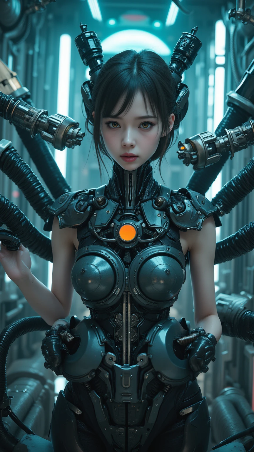 beste-Qualit、шедевр、ultra-high-resolution、(photo- realistic:1.4)、Raw photo、女の子1人、Black hair、glowy skin、steampunk suit、((hyper realistic detail))、portlate、Global Illumination、Shadow、octan render、in 8K、ultrasharp、巨乳、Raw skin is exposed in cleavage、metals、cog、Hydraulic cylinder、Details of complex ornaments、Gothloli details、Luminous tube、extremely intricate detail、Realistic light、CGSoation Trends、purple-eyed、radiant eyes、Facing the camera、neon details、Mechanical limbs、blood vessels connected to tubes、Mechanical vertebrae attached to the back、mechanical cervical attaching to neck、sitting on、Wires and cables connecting to the head、Small LED lamp、The background is the server room of the future、