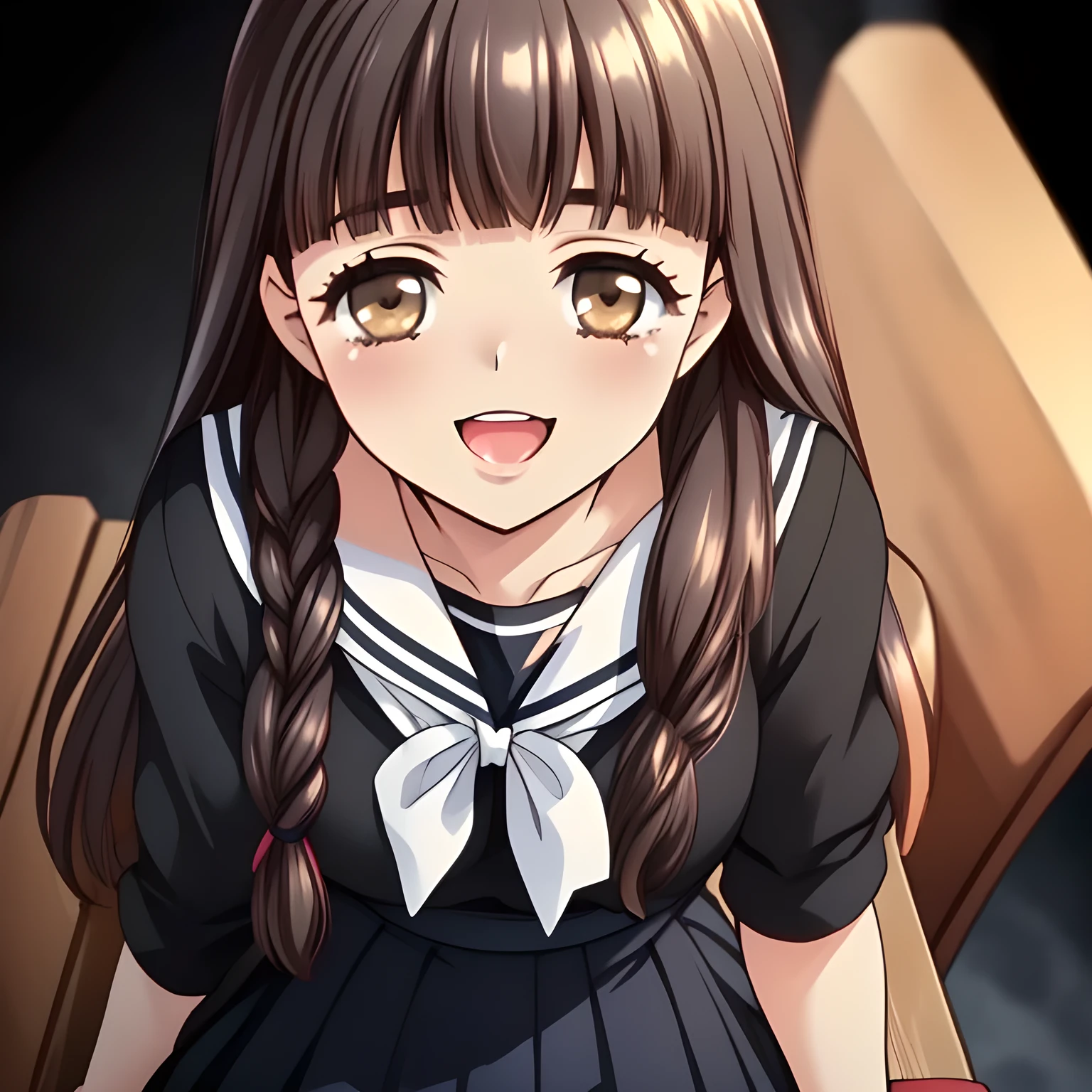 (highest quality, masterpiece:1.2), highest quality, High resolution, 1080p, 8K, solo, (A yo beautiful pretty fashion model succubus is seated on a wooden chair nobly and turning to me, ((laughing at me)), (looking down on me), most beloved girl in the school, (intelligent and perfectly balanced slender style), feeling too funny, amazingly neat & clean, in peace and neat lovely strong charm, cutely tilted head: 1.8), (Too noble beautiful lady like a love-story comic heroine), (laughing like watching a comedy), ((The beautiful long lewd tongue come out of the mouth and touch the fingers)), (beautiful tongue with doodle), A very lovely, very noble, pretty and pure beautiful girls. ((Bursting out Laughing very elegantly)), ((white grown face)), Using expensive whitening cosmetics by cosmetics artist: 1.2), A white face that everyone loves, Glossy lips, (curled) bangs, (Too beautiful blue fascinating shiny (double-lidded) (brown eyes) with love to the viewer, ((deep upper girly eyelid)), laughing with detailed clearly: 1.5), ((amazingly beautiful straight (slightly wavy) long black light hair: 1.5)), ((Sailor-style winter school uniform), (Neat smart blouse)): 1.8), (A very neat, (pleated plain blue skirt with thin fabric belt): 1.2), (too pretty shiny light-yellow realistic school ribbon): 1.5), (Shiny game heroine lips, extremely laughing open mouth: 1.0), (Ribbon in (black hair), long thin braids, The ribbon is big and very pretty), (Tight waist, slender like a beautiful fashion model: 1.5), (The background is (plain black space with lovely heart stars) to emphasize her fascination: 1.8), (The lady knows well about the viewer's super fetishism for sailor-style uniforms, and satisfies it completely in the viewer's lewd dream: 1.7)