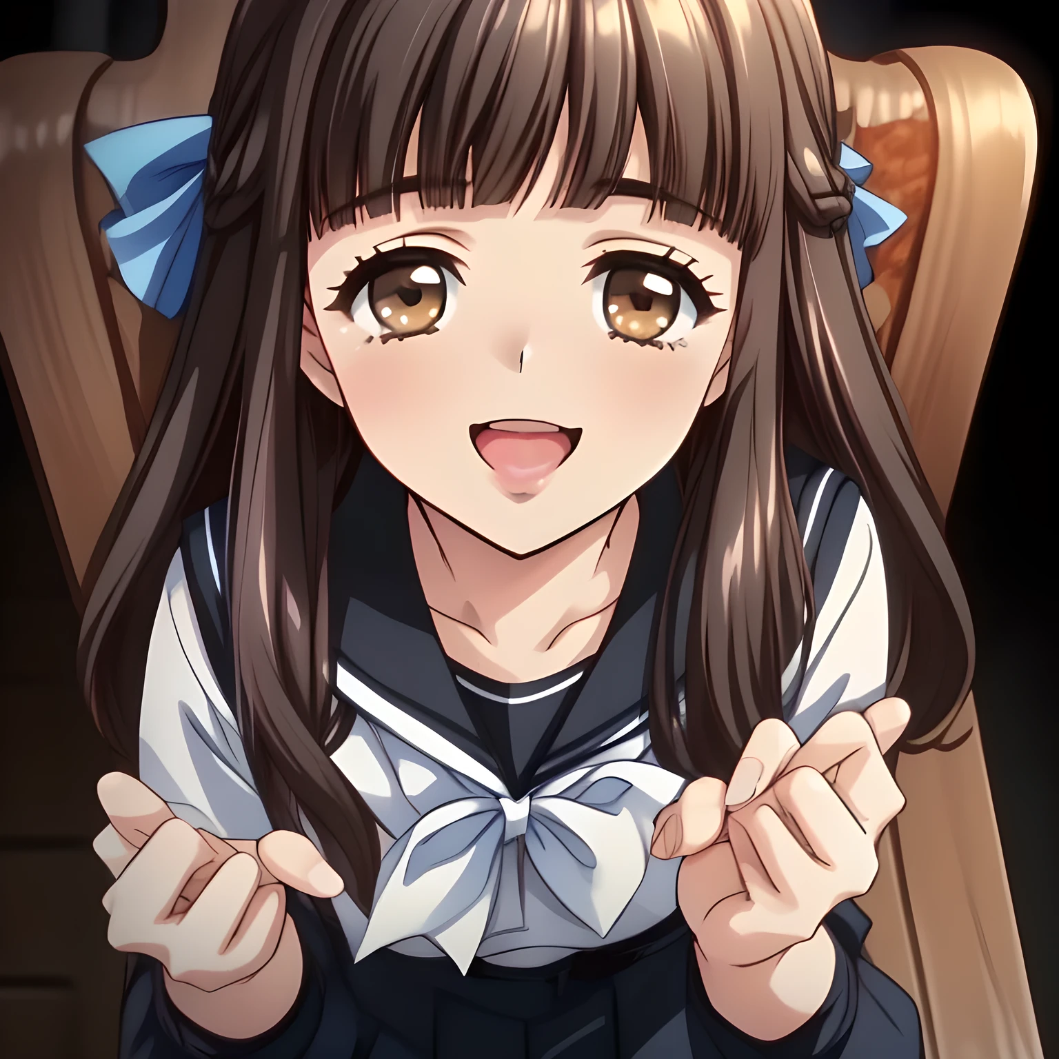 (highest quality, masterpiece:1.2), highest quality, High resolution, 1080p, 8K, solo, (A yo beautiful pretty fashion model succubus is seated on a wooden chair nobly and turning to me, ((laughing at me)), (looking down on me), most beloved girl in the school, (intelligent and perfectly balanced slender style), feeling too funny, amazingly neat & clean, in peace and neat lovely strong charm, cutely tilted head: 1.8), (Too noble beautiful lady like a love-story comic heroine), (laughing like watching a comedy), ((The beautiful long lewd tongue come out of the mouth and touch the fingers)), (beautiful tongue with doodle), A very lovely, very noble, pretty and pure beautiful girls. ((Bursting out Laughing very elegantly)), ((white grown face)), Using expensive whitening cosmetics by cosmetics artist: 1.2), A white face that everyone loves, Glossy lips, (curled) bangs, (Too beautiful blue fascinating shiny (double-lidded) (brown eyes) with love to the viewer, ((deep upper girly eyelid)), laughing with detailed clearly: 1.5), ((amazingly beautiful straight (slightly wavy) long black light hair: 1.5)), ((Sailor-style winter school uniform), (Neat smart blouse)): 1.8), (A very neat, (pleated plain blue skirt with thin fabric belt): 1.2), (too pretty shiny light-yellow realistic school ribbon): 1.5), (Shiny game heroine lips, extremely laughing open mouth: 1.0), (Ribbon in (black hair), long thin braids, The ribbon is big and very pretty), (Tight waist, slender like a beautiful fashion model: 1.5), (The background is (plain black space with lovely heart stars) to emphasize her fascination: 1.8), (The lady knows well about the viewer's super fetishism for sailor-style uniforms, and satisfies it completely in the viewer's lewd dream: 1.7)