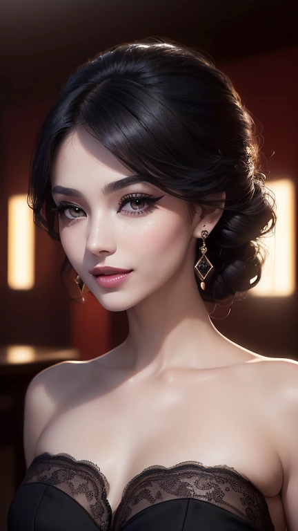 Amazing portrait of a woman who is 30 years old and an adult and a sexy woman with a beautiful face emphasized by amazing makeup and beautifully detailed eyes with perfect lips wearing her black hair in a messy bun blushing intensely as she's flustered and lustful wearing some elegant earrings and a black blouse paired with a sheer dark green saree making her look hot with vibrant colors and soft lighting during night time with soft lighting showcasing her red lips and her beautiful face in detail and close up 