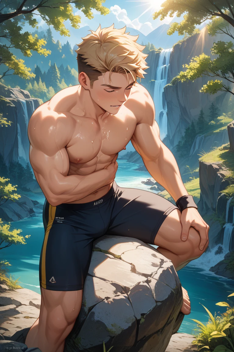 1boy,, masterpiece, best quality, shirtless boy in a grassy field with blue sky and clouds. The man is muscular and well built, with shiny body and defined muscles. The man is wearing a beige-white pant which has intricate motifs. The man is wearing a single earring, and bathing in a shower close by. Dynamic pose, sexy expression. Non NSFW. Safe for work.