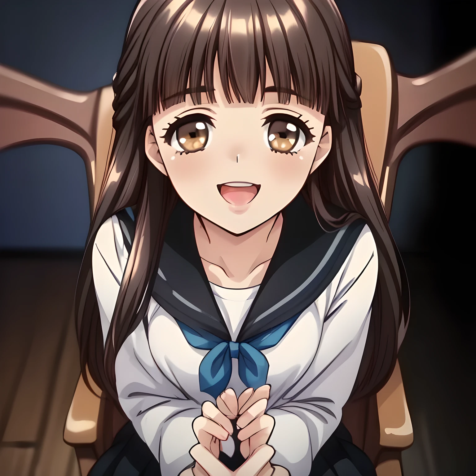 (highest quality, masterpiece:1.2), highest quality, High resolution, 1080p, 8K, solo, (A yo beautiful pretty fashion model succubus is seated on a wooden chair nobly and turning to me, ((laughing at me)), (looking down on me), most beloved girl in the school, (intelligent and perfectly balanced slender style), feeling too funny, amazingly neat & clean, in peace and neat lovely strong charm, cutely tilted head: 1.8), (Too noble beautiful lady like a love-story comic heroine), (laughing like watching a comedy), ((The beautiful long lewd tongue come out of the mouth and touch the fingers)), (beautiful tongue with doodle), A very lovely, very noble, pretty and pure beautiful girls. ((Bursting out Laughing very elegantly)), ((white grown face)), Using expensive whitening cosmetics by cosmetics artist: 1.2), A white face that everyone loves, Glossy lips, (curled) bangs, (Too beautiful blue fascinating shiny (double-lidded) (brown eyes) with love to the viewer, ((deep upper girly eyelid)), laughing with detailed clearly: 1.5), ((amazingly beautiful straight (slightly wavy) long black light hair: 1.5)), ((Sailor-style dark-blue winter school uniform), (Neat smart blouse)): 1.8), (A very neat, (pleated plain dark blue skirt with thin fabric belt): 1.2), (too pretty shiny light-yellow realistic school ribbon): 1.5), (Shiny game heroine lips, extremely laughing open mouth: 1.0), (Ribbon in (black hair), long thin braids, The ribbon is big and very pretty), (Tight waist, slender like a beautiful fashion model: 1.5), (The background is (plain black space with lovely heart stars) to emphasize her fascination: 1.8), (The lady knows well about the viewer's super fetishism for sailor-style uniforms, and satisfies it completely in the viewer's lewd dream: 1.7)