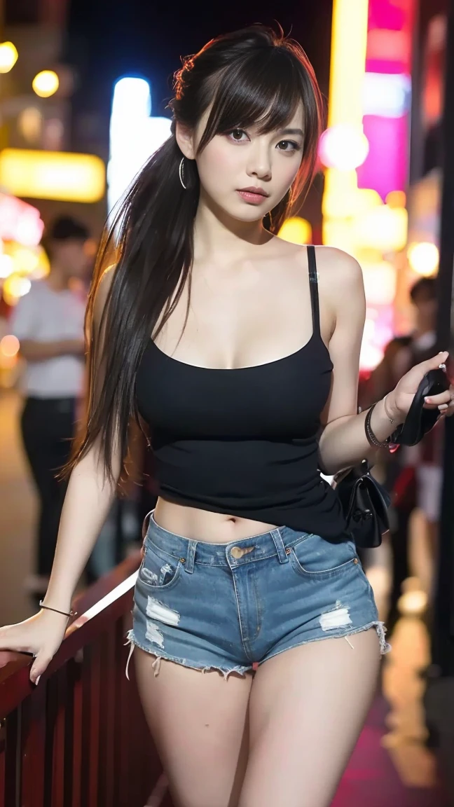 1girl, (Blue Eyes), (smiling :1.2), (Sana Minatozaki), (black makeup :1.2), (black eyeliner :1.2), wide hips, Big tits, big ass, (thin waist: 1.2), (thick and toned thighs), (Best Quality, 8k, Masterpiece: 1.3), Clear Focus: 1.2, Perfect Body Beauty: 1.4, strong abs, Highly detailed face and skin texture, detailed eyes, double eyelids, (black long straight hair :1.3), (cleavage black t-shirt :1.3), denim jeans, long stocking, (standing, dynamic pose, in an outdoor tokyo bar at night, buildings illuminated by signs in the background, out of focus background