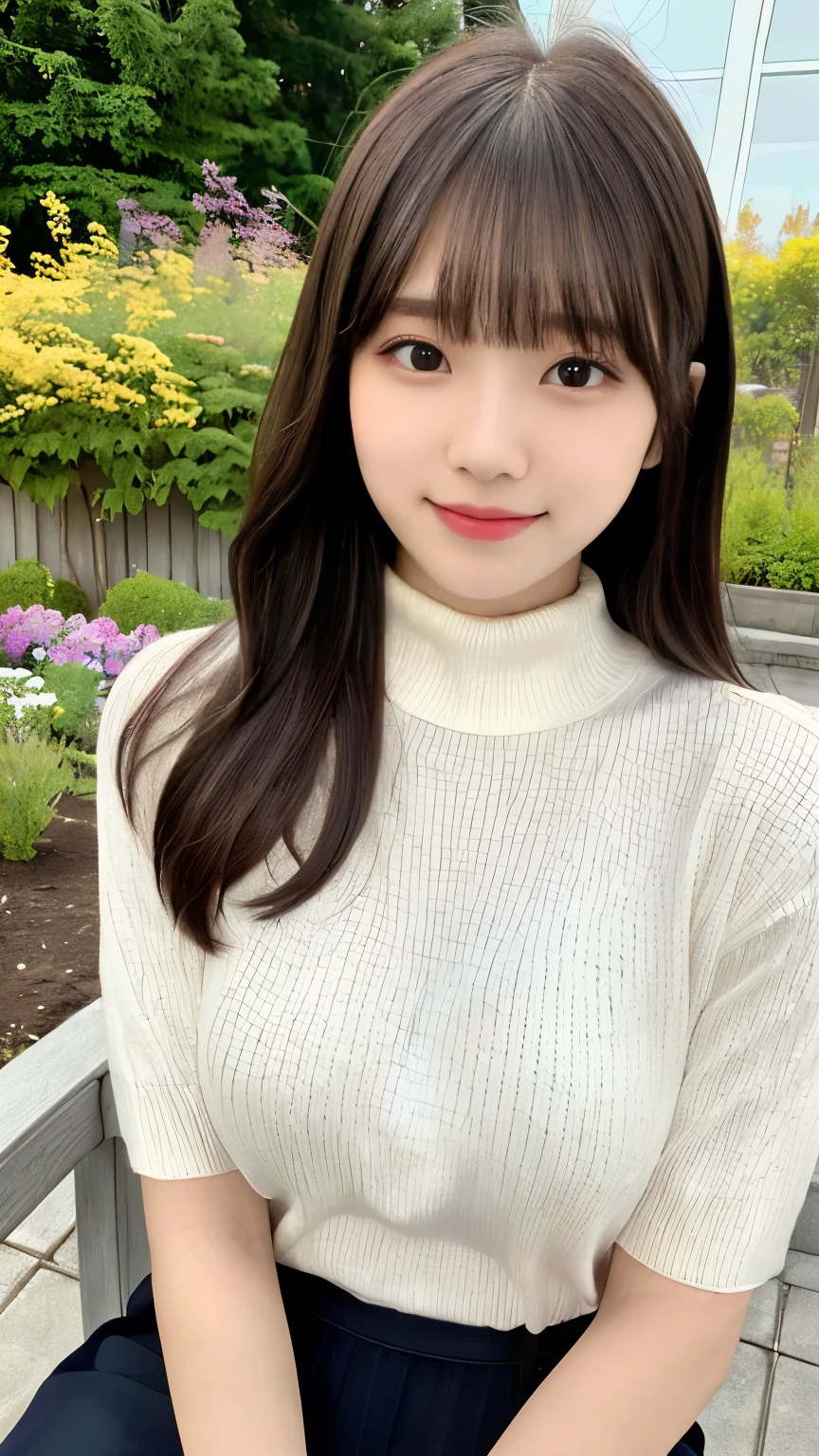 Japanese woman sitting on a chair and taking a selfie, big breasts, knit, big breasts shaking, less exposure, whole body knit, turtleneck
, 20 years old, long hair, with bangs