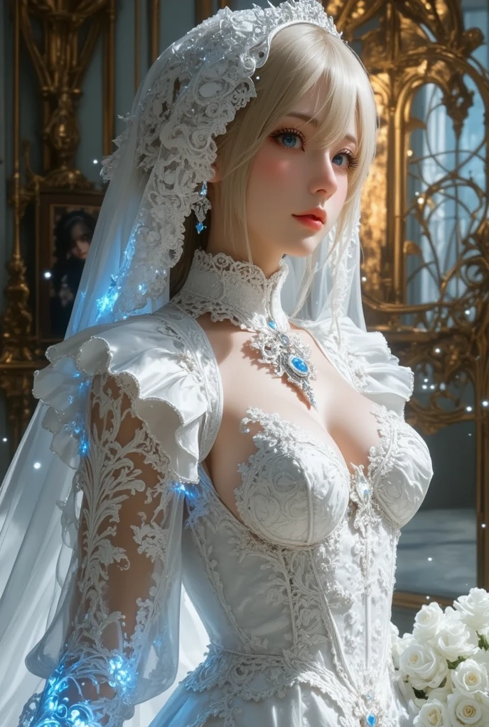 official art, unity 8k wallpaper, ultra detailed, beautiful and aesthetic, masterpiece, best quality,1girl,(<lora:2bNierBride2b_v10:0.8>),white hair,vivid colours,Wedding Dresses,