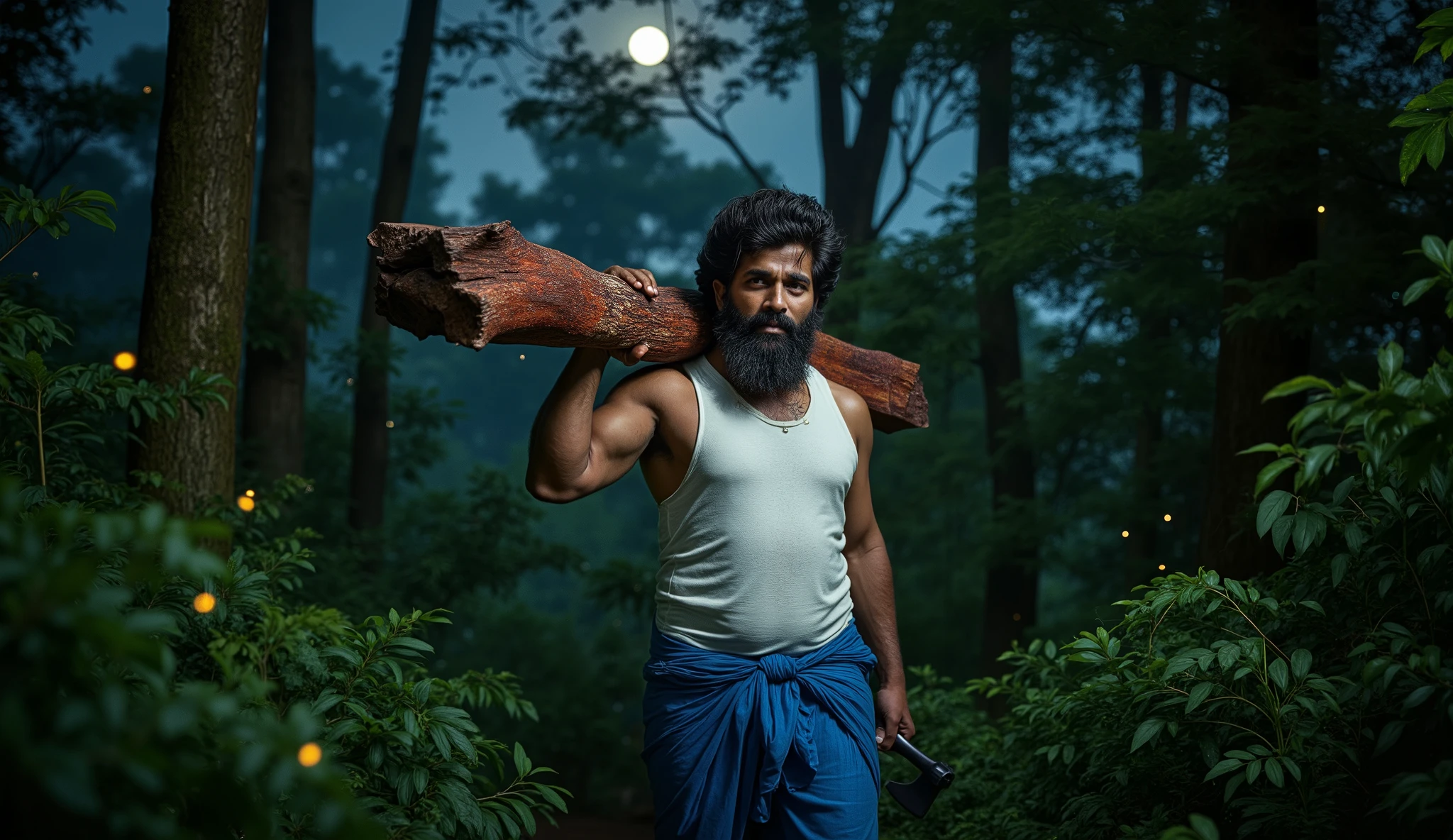 "A rugged and fearless man, resembling Pushpa Raj, walks through a dense jungle at night, carrying a heavy piece of red sandalwood on his shoulder. He wears a blue lungi and a tight white Lux Cozi vest, which clings to his muscular frame. His thick beard and intense eyes exude determination and defiance. In his other hand, he grips a sharp axe, ready for any challenge. The jungle around him is dark and misty, with moonlight filtering through the tall trees, casting eerie shadows. Fireflies flicker in the humid air, and the distant sound of nocturnal creatures adds to the tension. The scene is raw, powerful, and full of mystery, capturing his resilience and strength in the dangerous world of sandalwood smuggling."