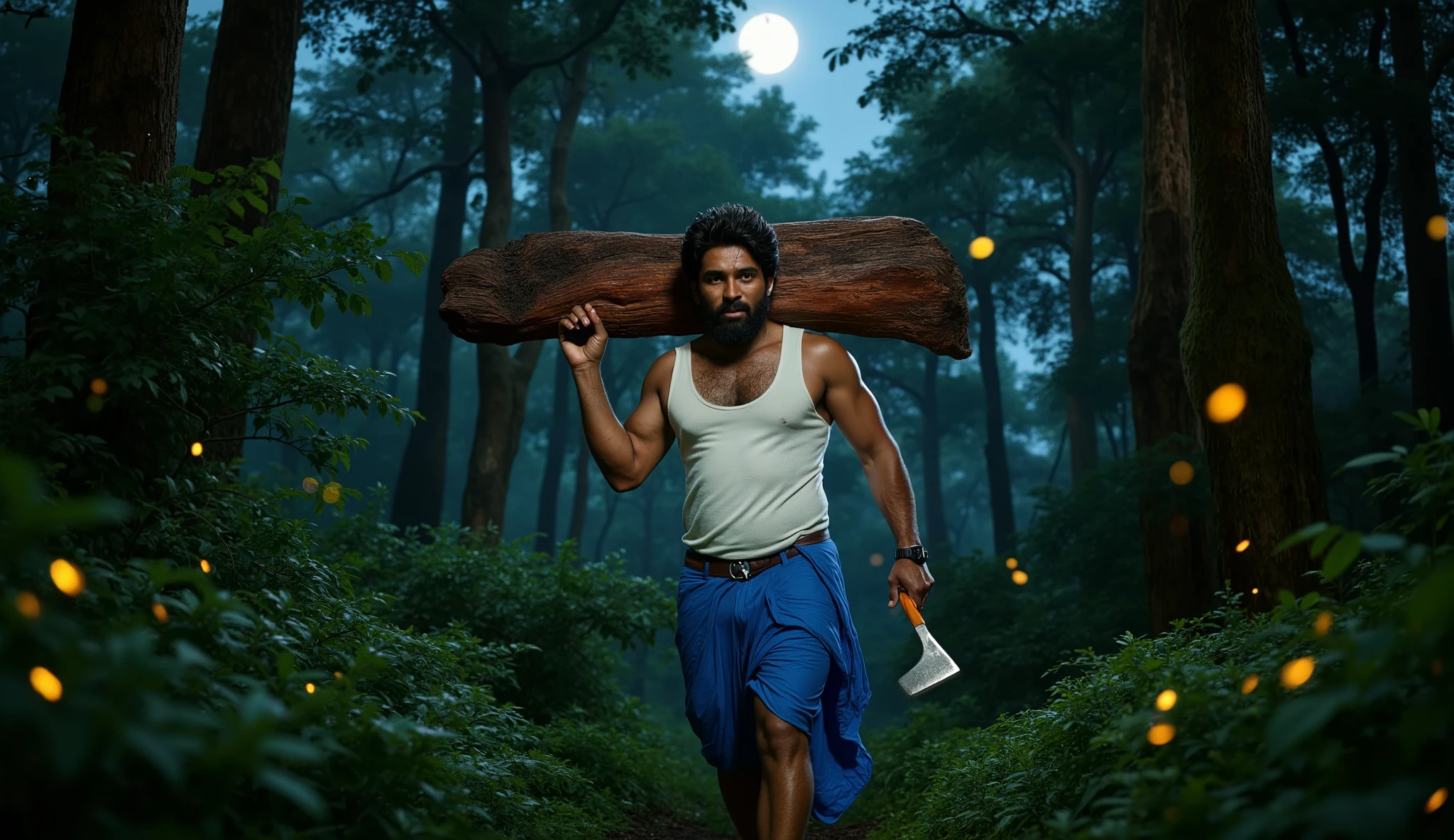"A rugged and fearless man, resembling Pushpa Raj, walks through a dense jungle at night, carrying a heavy piece of red sandalwood on his shoulder. He wears a blue lungi and a tight white Lux Cozi vest, which clings to his muscular frame. His thick beard and intense eyes exude determination and defiance. In his other hand, he grips a sharp axe, ready for any challenge. The jungle around him is dark and misty, with moonlight filtering through the tall trees, casting eerie shadows. Fireflies flicker in the humid air, and the distant sound of nocturnal creatures adds to the tension. The scene is raw, powerful, and full of mystery, capturing his resilience and strength in the dangerous world of sandalwood smuggling."