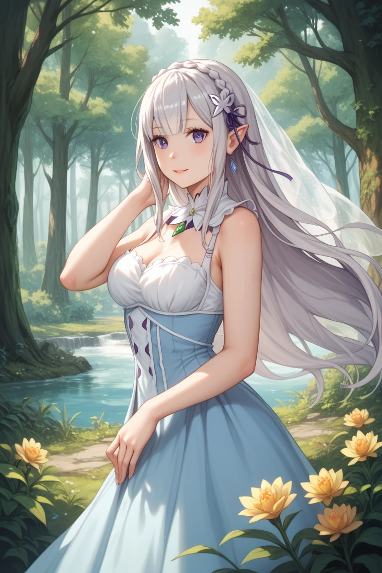 defCorrin, white hair, long hair, hair ornament, gloves, dress, cleavage, bare shoulders, collarbone, white oprea gloves, white gloves, white dress, strapless, tiara, veil, strapless dress, wedding dress, bridal veil, beautiful woman, perfect body, perfect breasts, wearing a wedding dress, ball gown, in the park trees, wedding decorations, looking at the viewer, a slight smile, realism, masterpiece, textured skin, super detail, high detail, high quality, best quality, 1080p, 16k