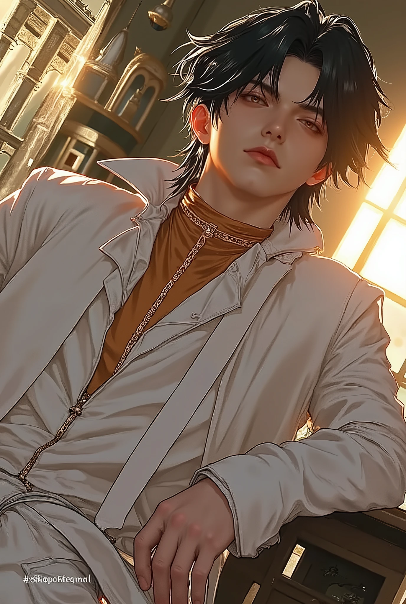 (masterpiece), (best quality), 1man, solo, male, middle part black hair, chiseled jawline, muscular, modern student, modern uniform, arrogant, confident, playful, unbothered, mighty, classroom background, forehead, majestic, aesthetic, ethereal, handsome, tall men, frown, amber eyes, stunning, detailed eyes, young adult face, magnificent background, (1men), detailed(light and shadow), light effects, cinematic camera angles, gentlemen, gentle, elegant men, elegant custom, sunset, sunlight, detailed light and shadow, cinematic scenery, (1person), (solo men), (short hair), young man, 18 years old, (exquisite art), rich, luxurious, vibrant colors with subtle gradients), (Expressive character designs), (no text)