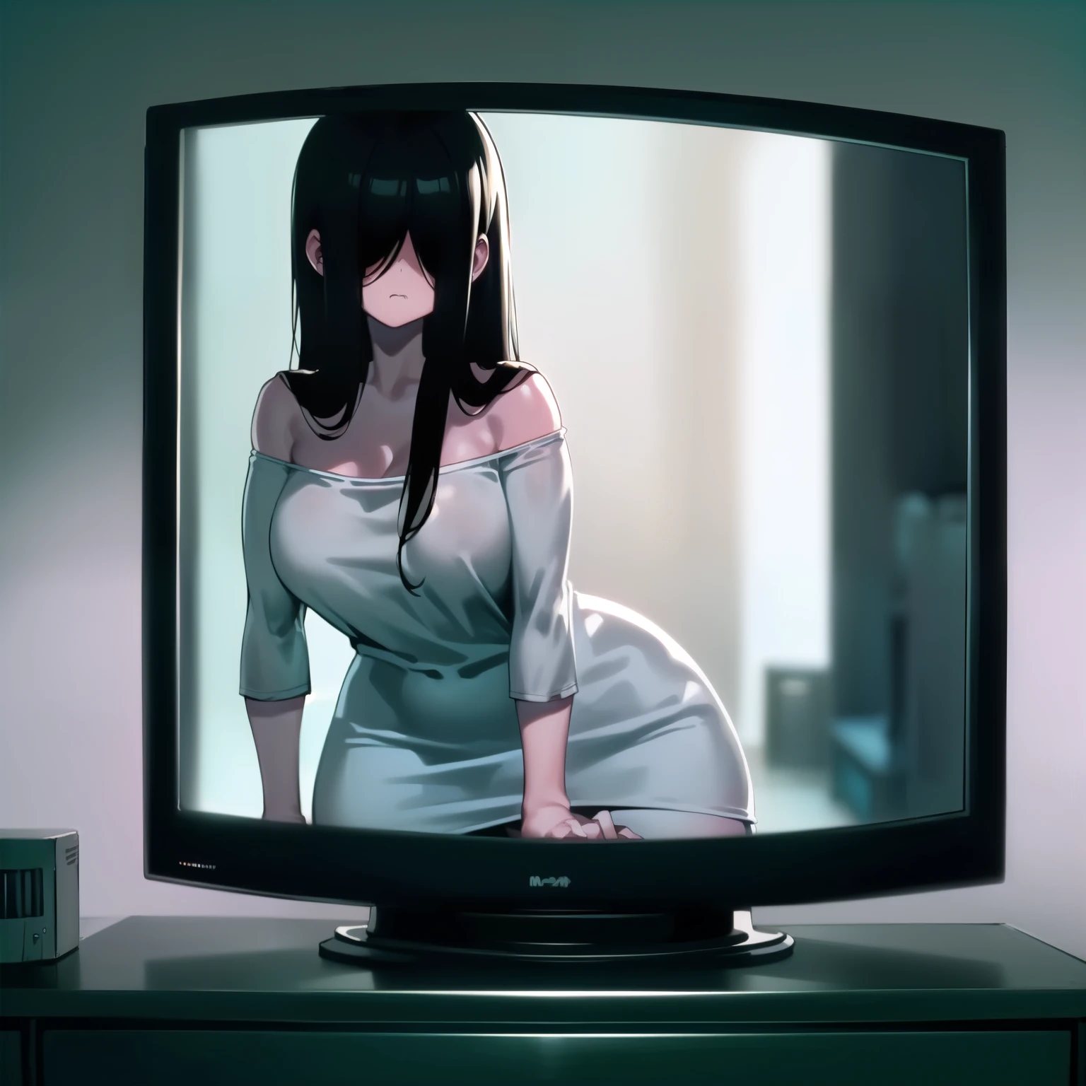 1girl, Solo, HD, Accurate, Angry, Soft Lighting, Blurred Background, Close-up, (Dark Bedroom: 1.3)(Night Sky: 1.2) Looking at viewers, in the television, indide the television.
(a girl with long black hair, big breasts, and white dress is inside the television, the television is on the desk of bedroom, hair over eyes: 1.5)(double \m/: 1.3)