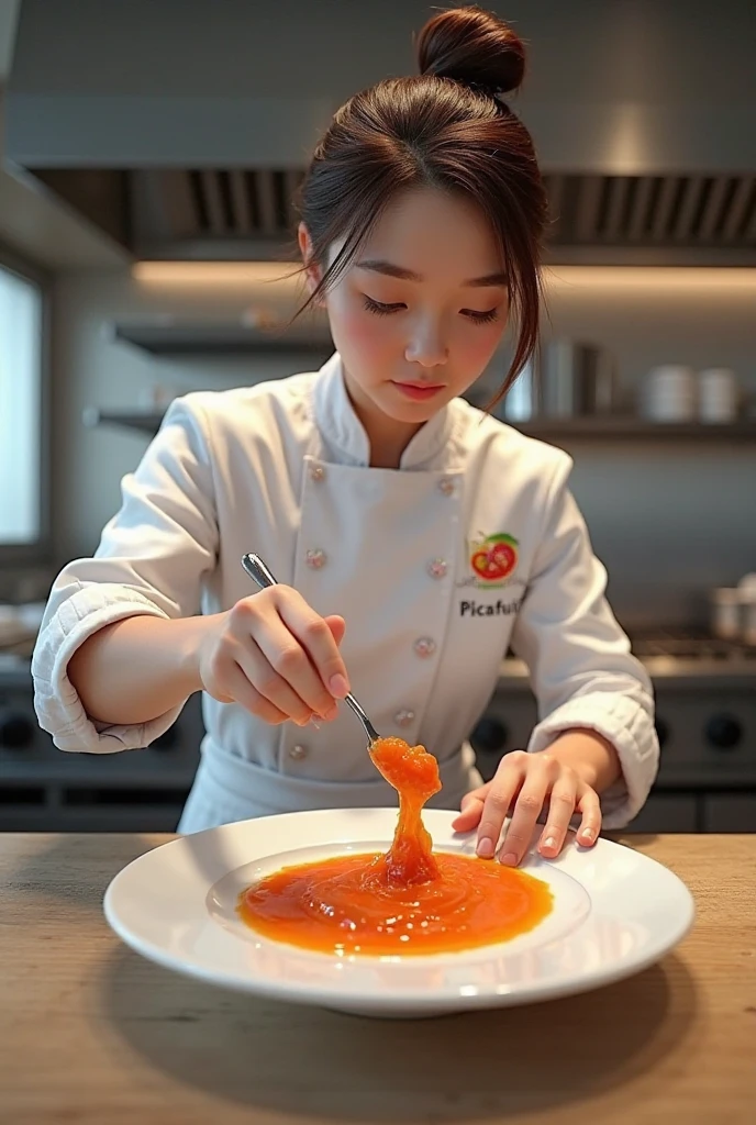 Chef putting spicy passion fruit jam on a plate that the logo of the spicy one says picafruit