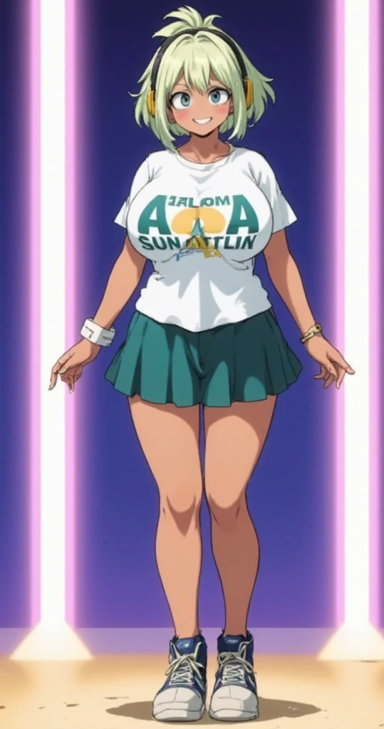 American girl milf of 18, video gamer, wearing tranparent short T-shirt, black hair, ((blush: 0.8)), natural skin texture, 4K textures, highly detailed, insane details, faint colors , ((long wavy hair)), ((smile on face: 0.4)), (no panties: 0.2), ((looking directly at the camera)), ((tilted head: 0.8 )), ((large breasts:1)). ((full body:1)),cheerfall background