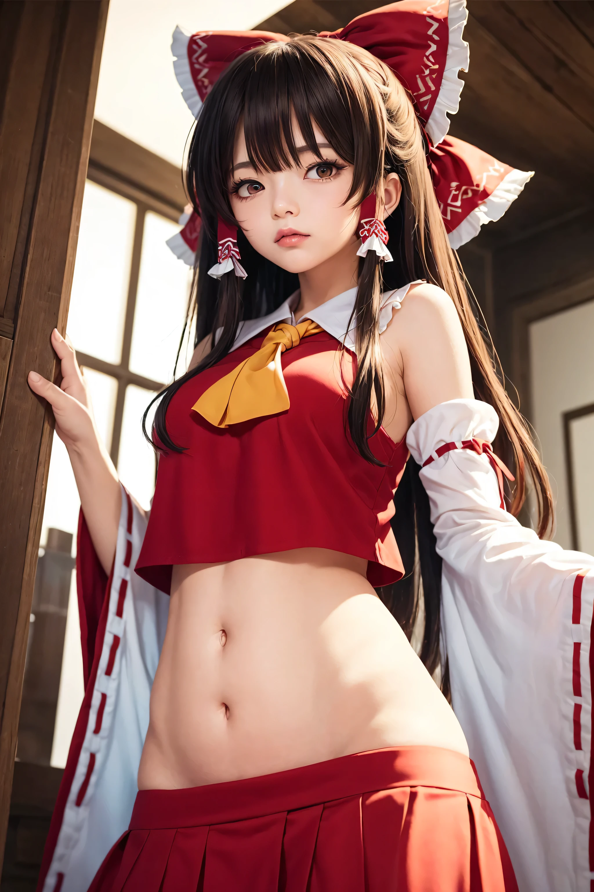 photorealistic、whole body、Highest image quality、４ｋ、８ｋ、Extremely detailed depiction、muste piece, Top quality, SFW, great shading, high contrast, Super thin illustration, Shrinkage rate, perfect anatomy, correct anatomy, perfect proportions, perfect face, perfect hands, perfect legs, perfect fingers、solo、Reimu Hakurei、Beautiful girl with well-formed face、small breasts、、Slender body type、Front facing、sit on the ground、open leg、I can see white underwear、A frustrated look on his face、looking at the camera、Low angle shooting、The background is a shrine