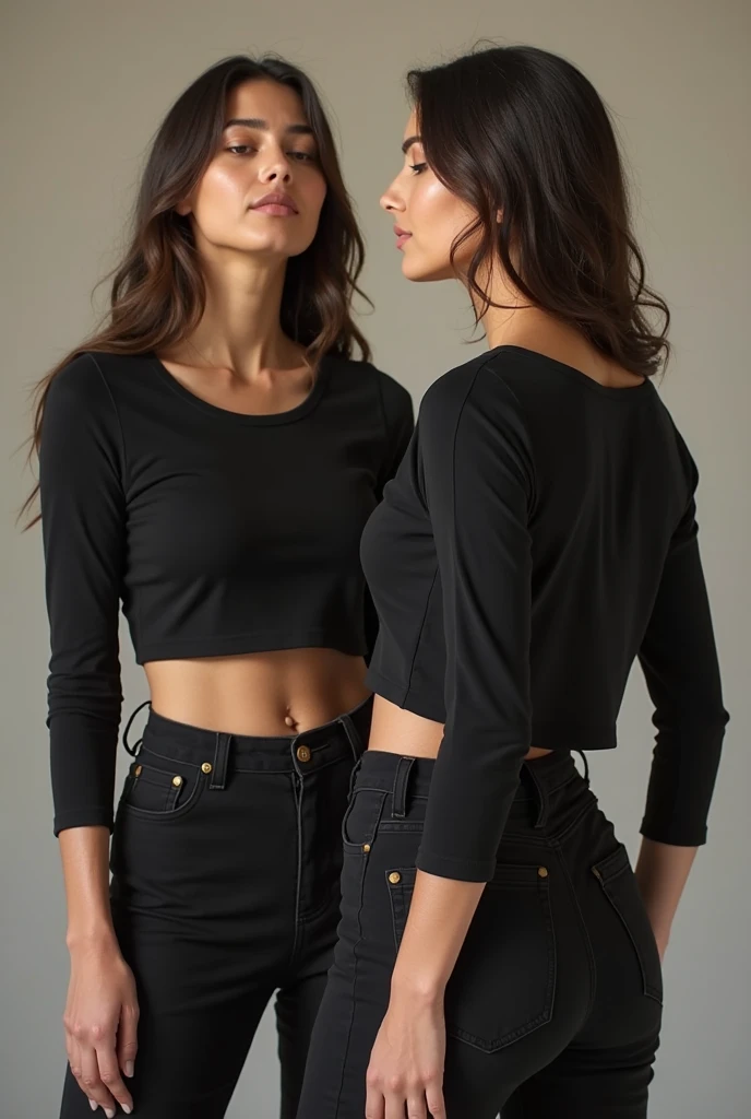 Twins ,black eyes black hair ,with sweater,wide blue pants , in a dark forest ,woman killing, golden eyes title