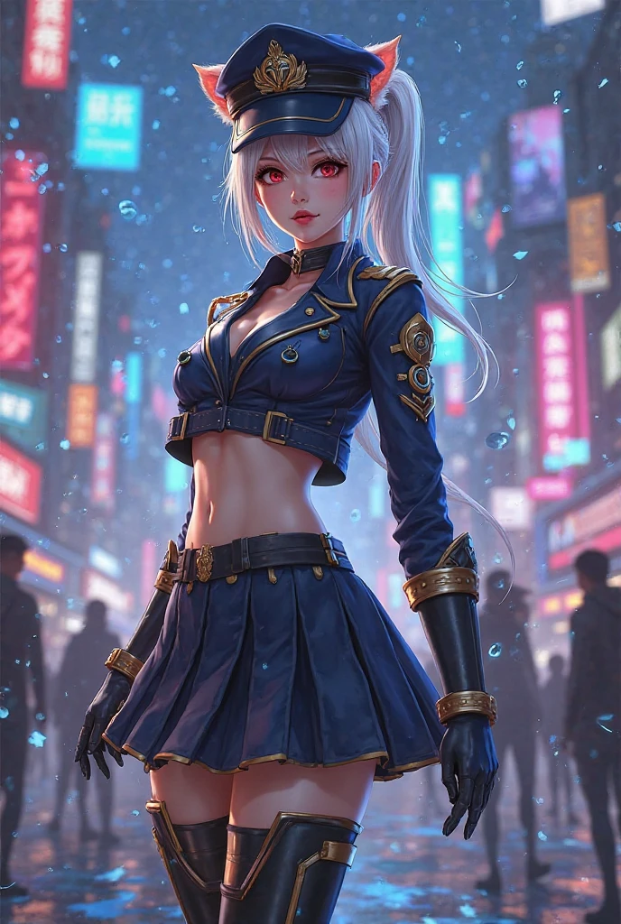 top-quality、Top image quality、​masterpiece、teens girl((White and blue open-chest hoodie、Black skirt、18year old、 Ager、Best Bust、big bast,Beautiful light blue eyes, Long silver hair、A slender,Large valleys、Reflecting the whole body、Leaning forward、put red sunglasses on your eyes、jumping pose、Excited face、Drunk,Japan holding a sword)),hiquality、Beautiful Art、Background with(( shopping street、Shinjuku Kabukicho))​masterpiece、depth of fields,